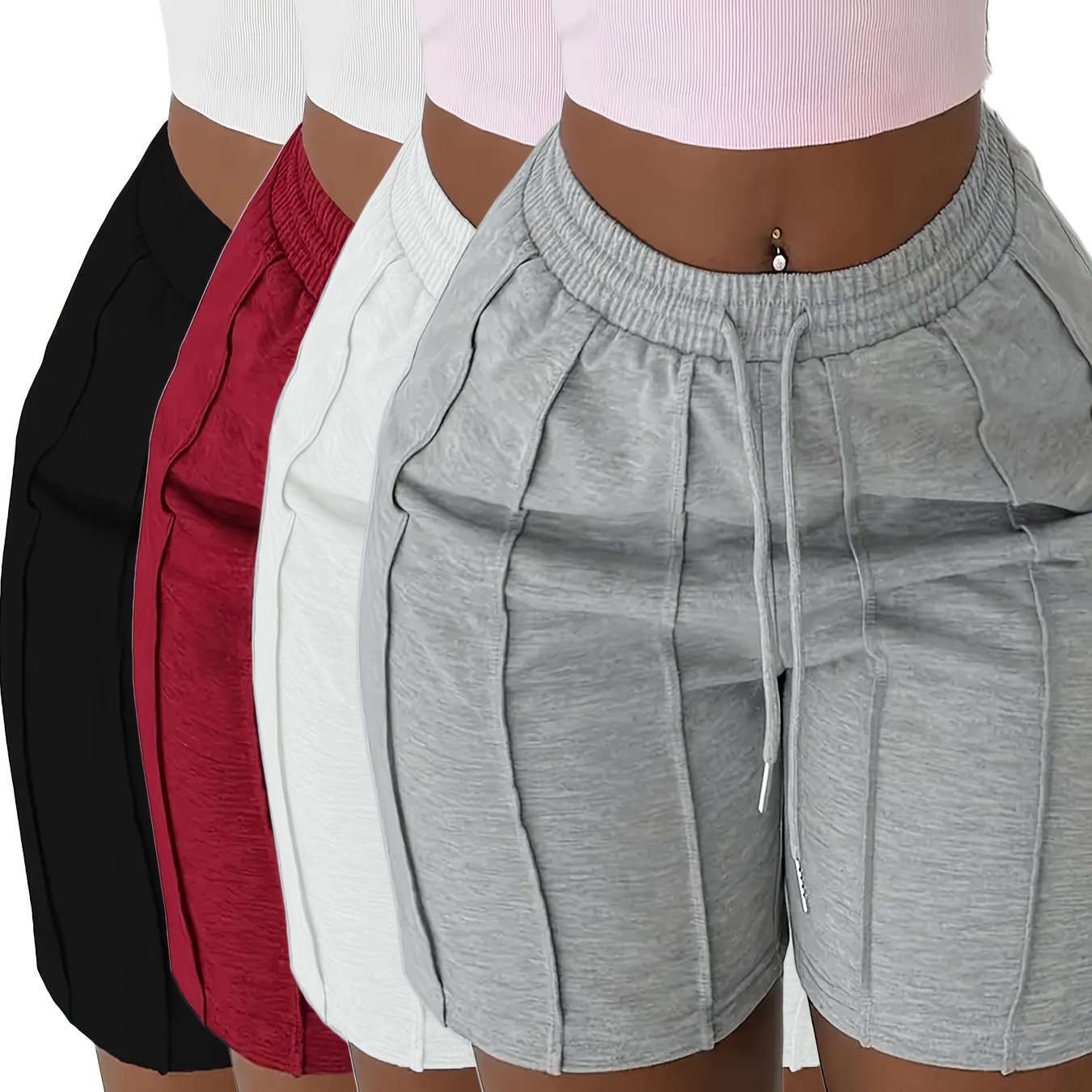 E-shop 5789 4er-Pack Uni-Farben Kordelzug-Shorts, Bequeme Shorts mit elastischem Bund Schrägtaschen, Damen Frühjahr/Sommer Mode, ,