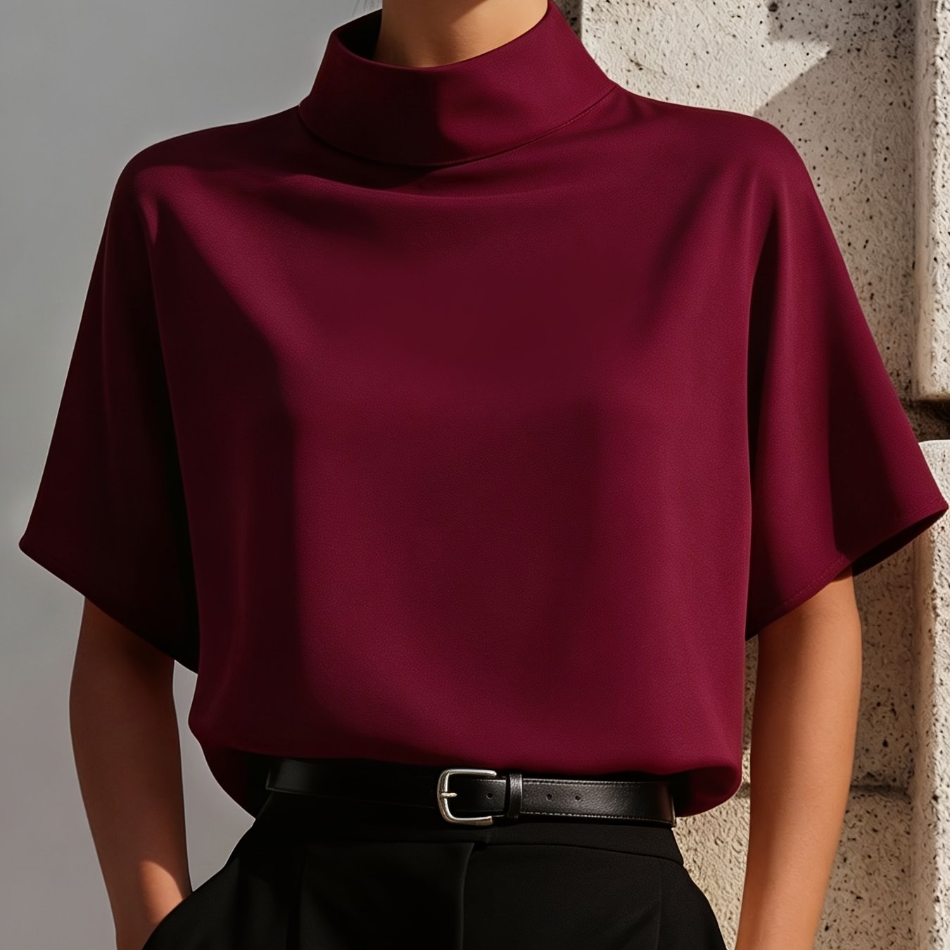 TEMU 2026 Spring Summer New Style Semi-high Neck Short Sleeve Shirt For Women, Back With And Slit, Loose Drapey Commuter Shirt, Easy Semi-high Stand