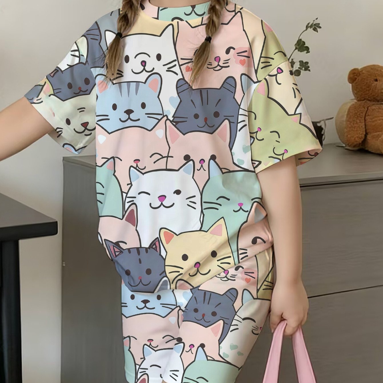 E-shop Mädchen Katzen-Print T-Shirt Set, Sommer Casual Süßes Kawaii Katzen Kurzarm Outfit, Urlaub Freizeit Günstiges Shorts Set, für Draußen