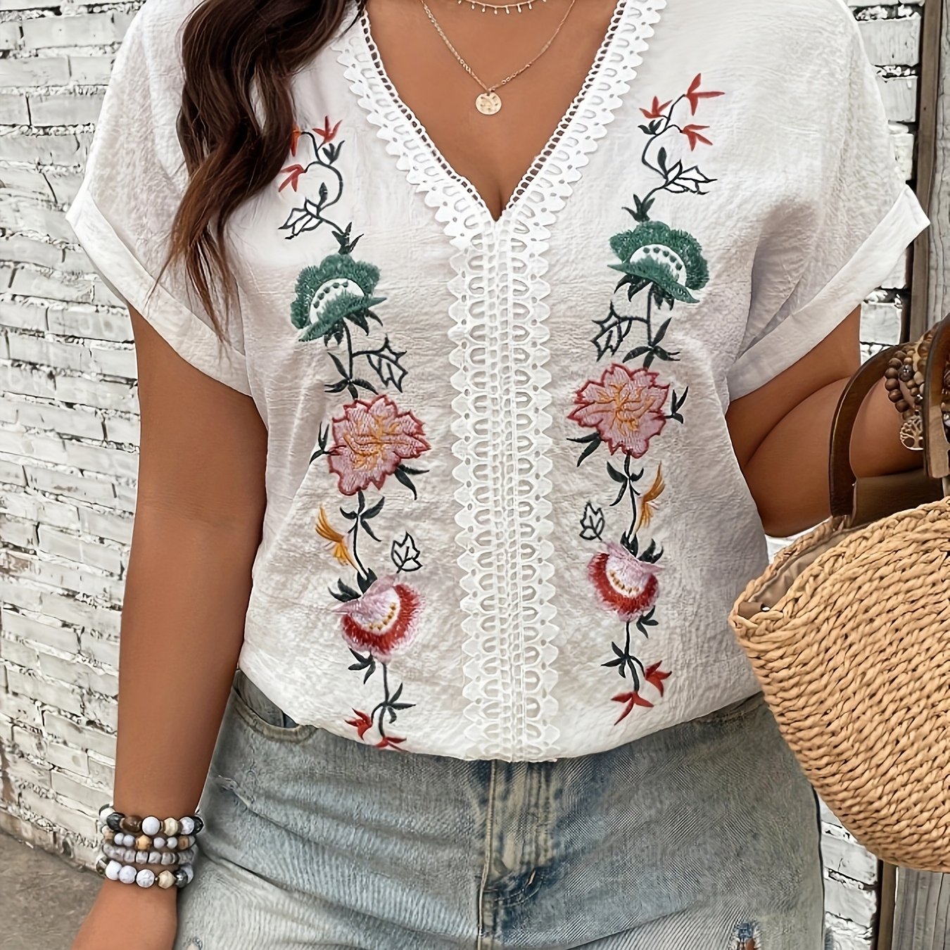 TEMU Plus Size Vacation Casual Lace Splicing Color Block Flower Embroidery Shirt