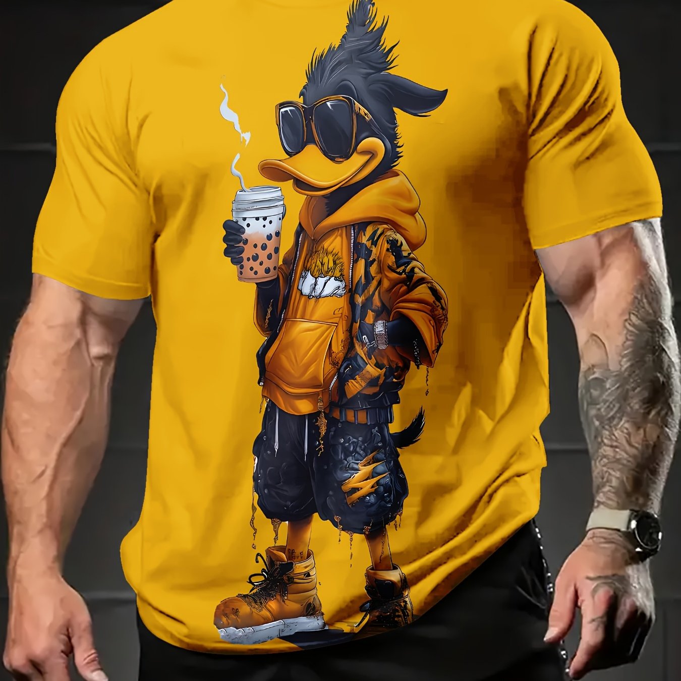 TEMU Men's Duck Milk Tea T-shirt With Duck & Tea - Short Sleeve Crew Neck Casual Summer Top, , Plus Size Suitable For Spring Vacation Outfits, Gift