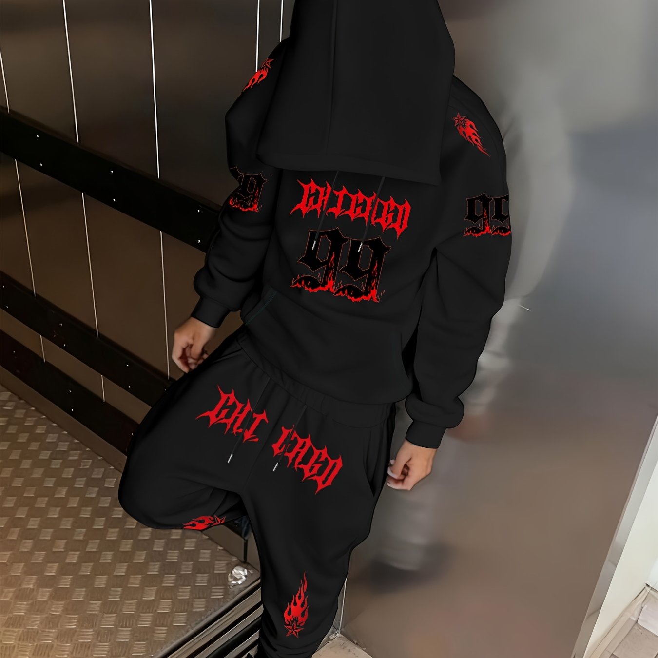 TEMU Conjunto de 2 piezas para hombre: sudadera holgada con capucha y estampado moderno + pantalones deportivos casuales con cordón y acolchado de