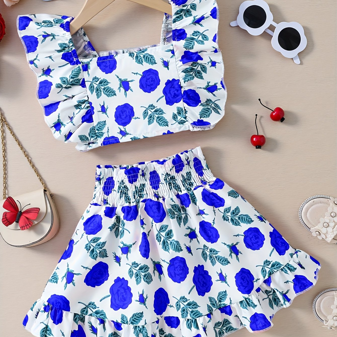 Girls' Floral Sleeveless Top And Waist-cinching Skirt 2pcs Set Summer Outfit, For Outdoor