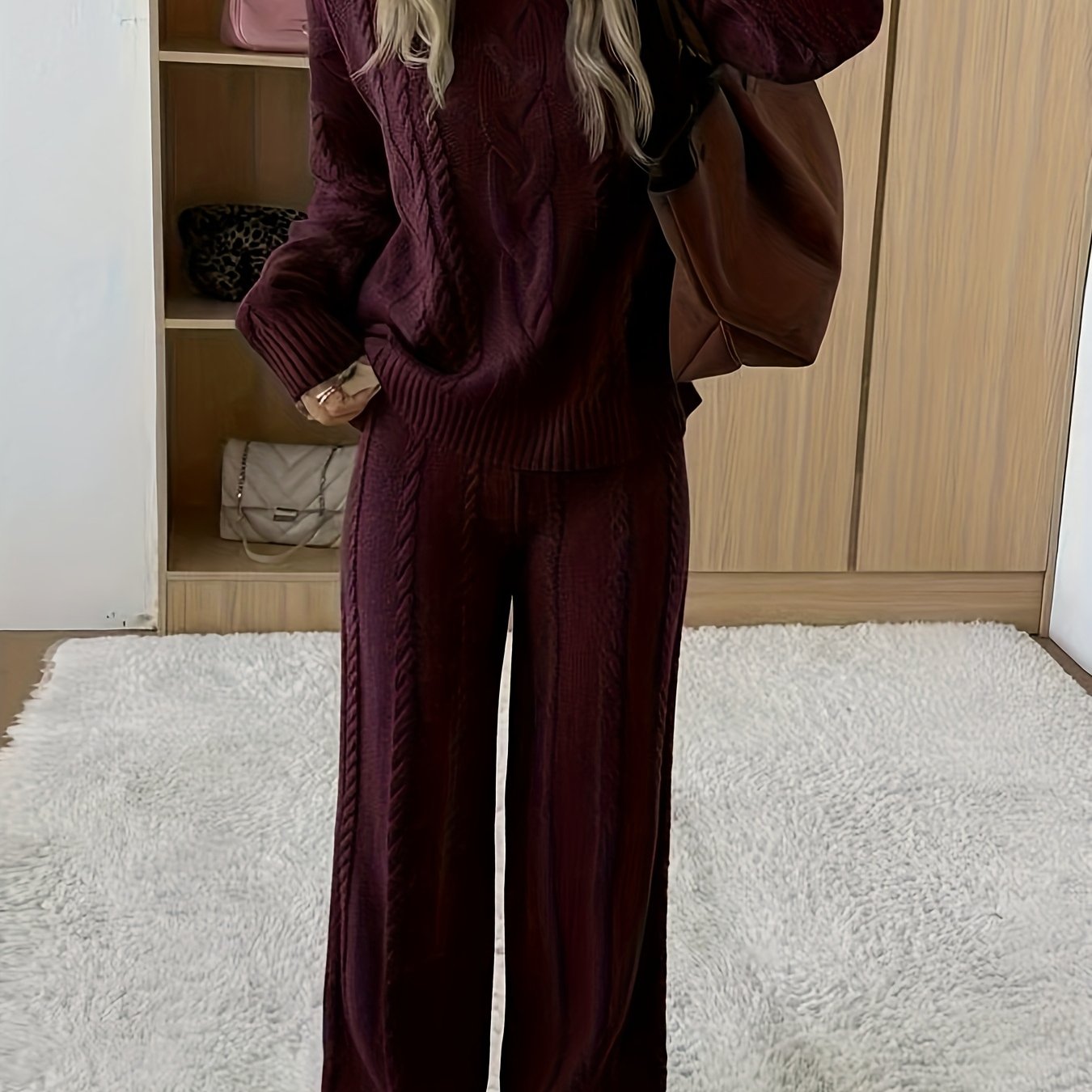 TEMU Women's Winter Solid Color Round Neck Long Sleeve Simple Top And Pants Casual 2pcs Set, Winter Clothing