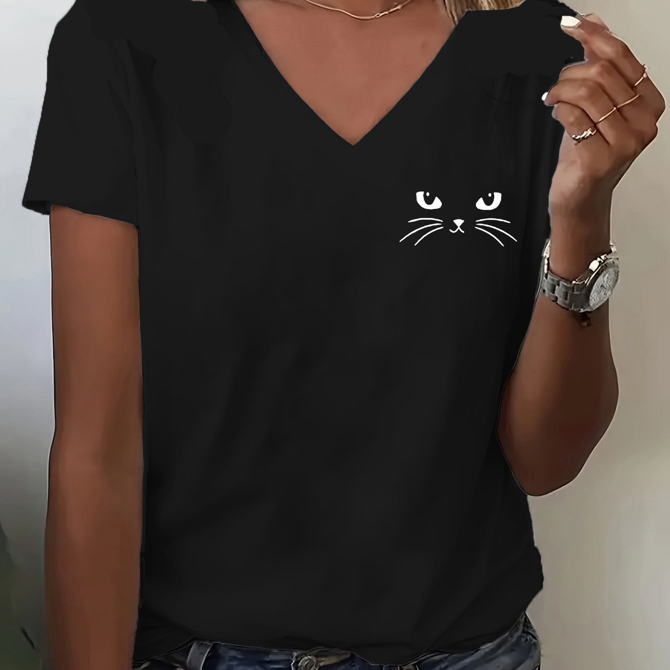 TEMU Maglietta casual a maniche corte con stampa di , tessuto e confortevole, scollo a V, abbigliamento per , con design , maglietta per l'estate |