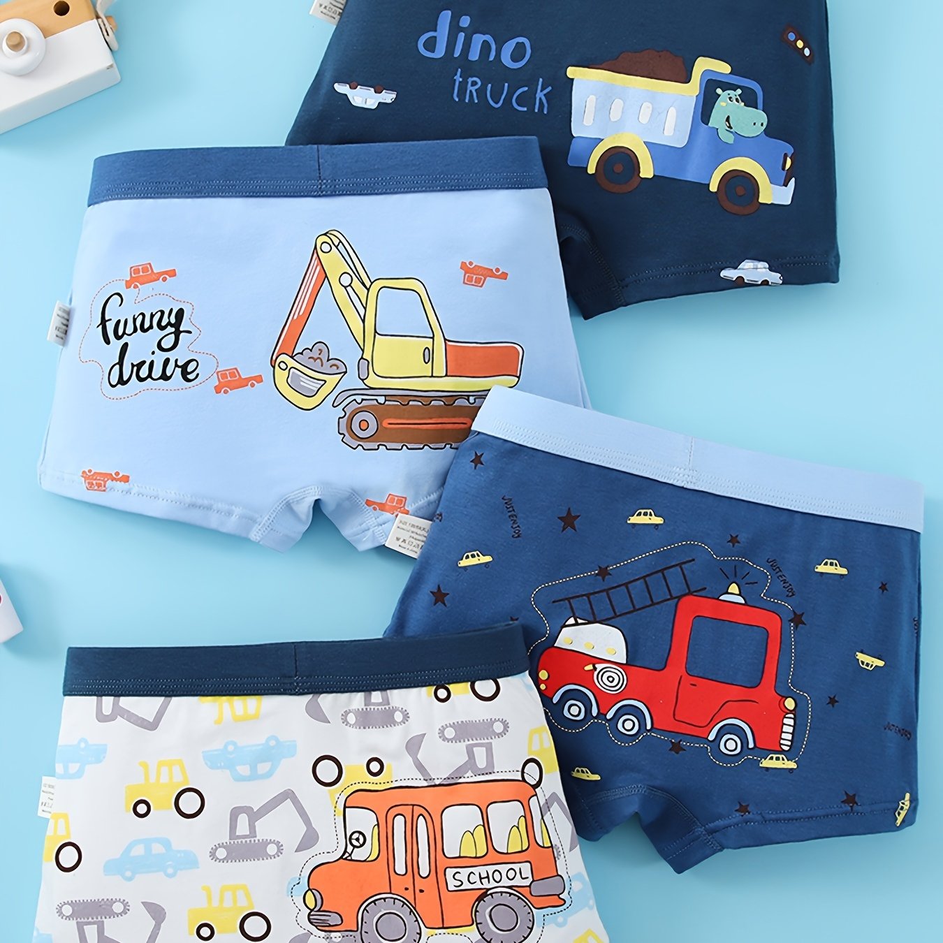 Image of Set Of 4 Boys' Boxer Briefs Featuring A Cartoon Excavator Truck Design, With Elastic Waist For , Breathable And Soft Underwear For Kids