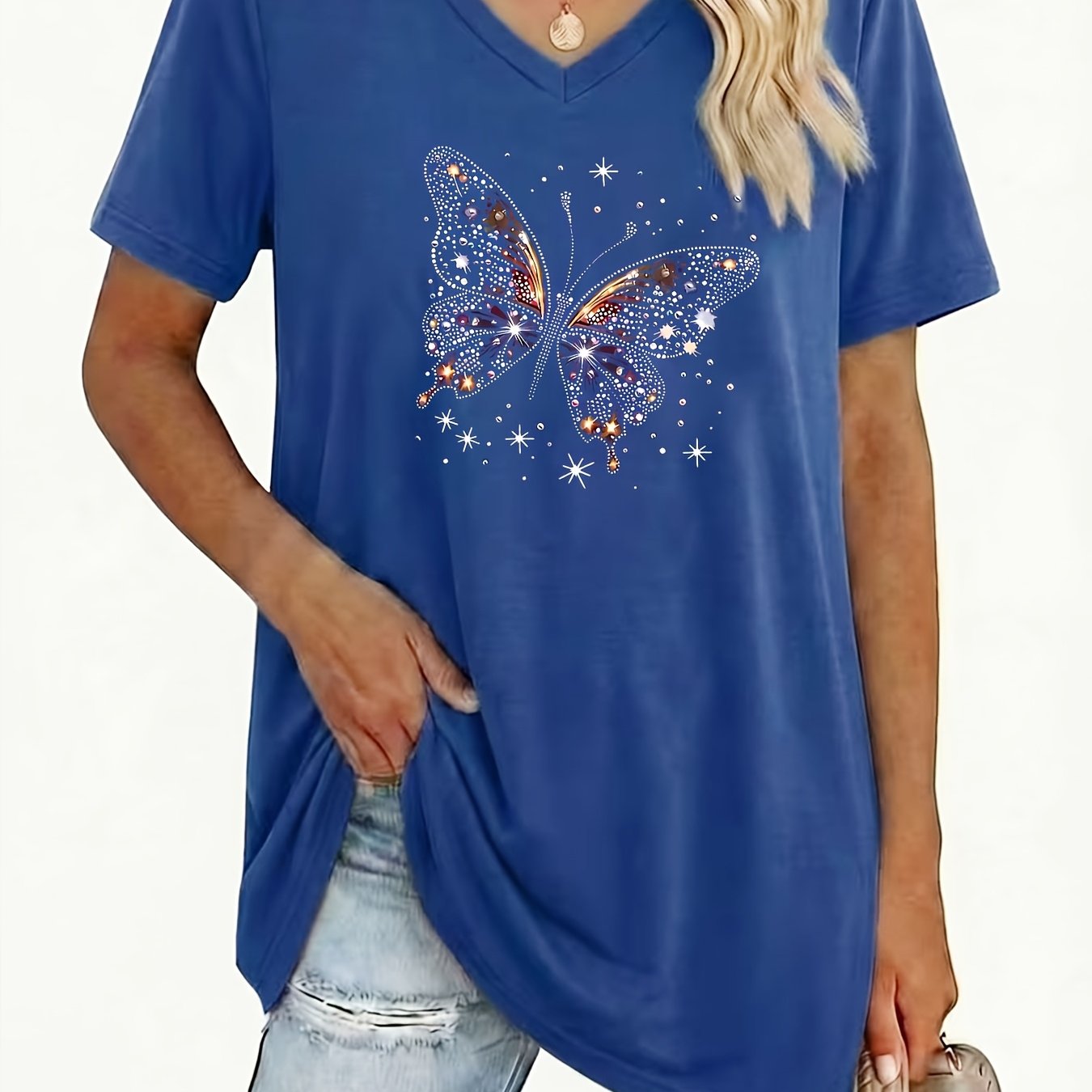 TEMU Plus Size, Plus Size Women's V-neck Geometric Pattern T-shirt