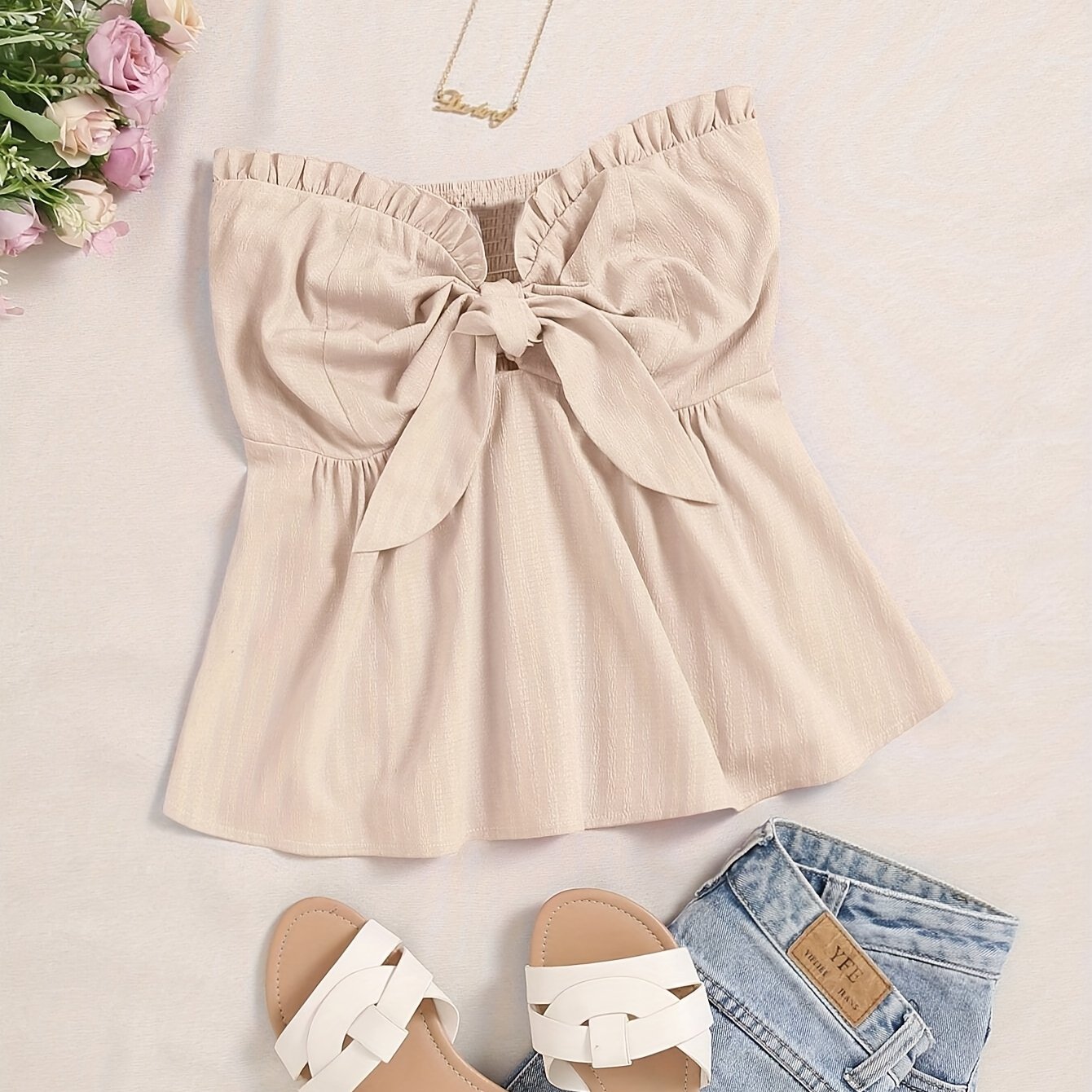 E-shop Neues elegantes Damen Bandeau Top - Ärmelloses schulterfreies Top, Y2K Sweet , gerafftes Design mit Bindeband vorne - Zylinderformiges Top mit