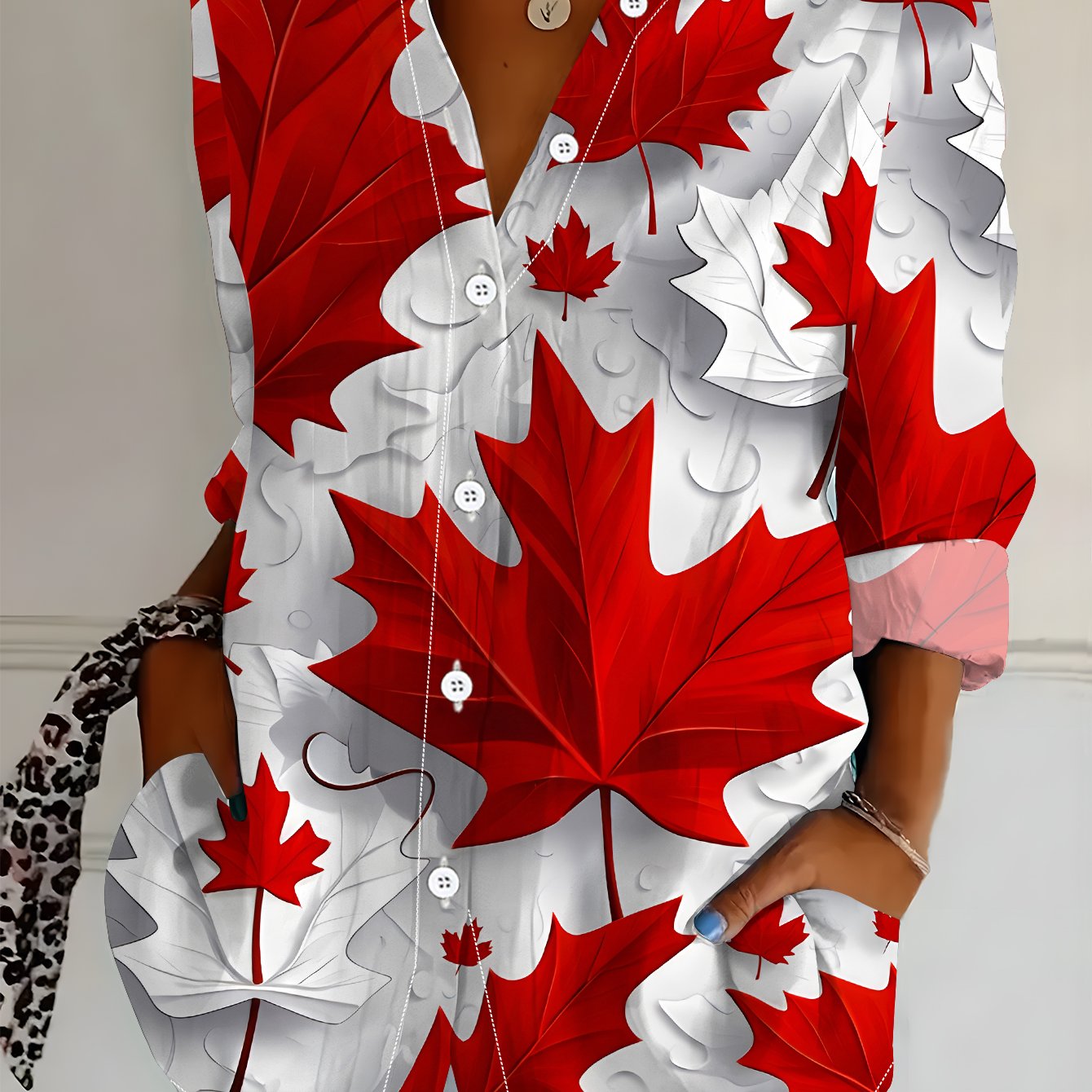 TEMU Plus Size - Women's Long Sleeve Shirt, Maple , ' Printed Shirt With Maple Leaf Elements, Women's Floral Shirt In Red And White Contrast, Women's