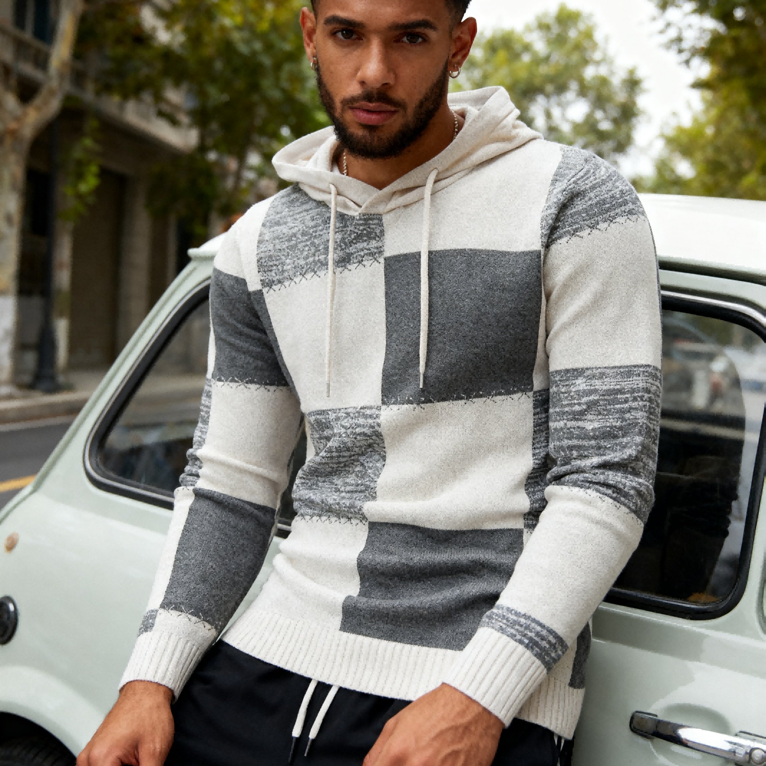 Image of Men's Winter Warm Plaid Sweater - Slim Block Hooded Pullover With Design, Machine Washable Cold Weather Sweaters For Outdoor Sports & Casual Wear (autumn/winter)