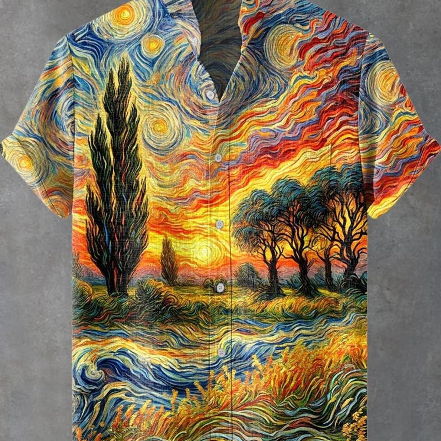 Image of Men's Van Gogh-themed Short- Shirt - Button- Collar Collar Shirt With Print, Machine Washable Premium Fabric Suitable For Office, Weddings & Casual Wear, Van Gogh Patterns Design