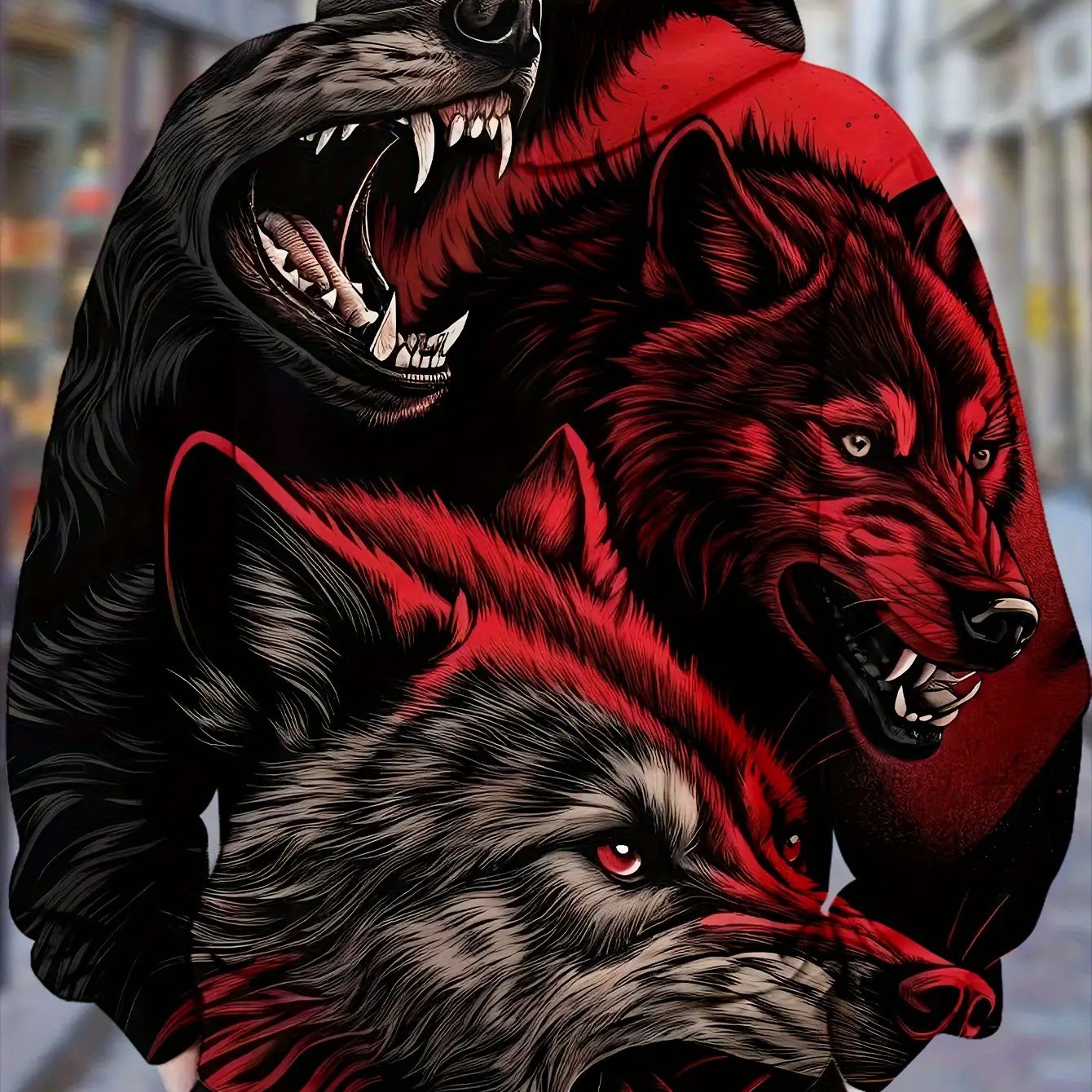 TEMU Men's Wolf Pc Print Hoodie With Pockets - Black And Jacket, Tall Winter Apparel, Suitable For Halloween Costumes And Outdoor Activities