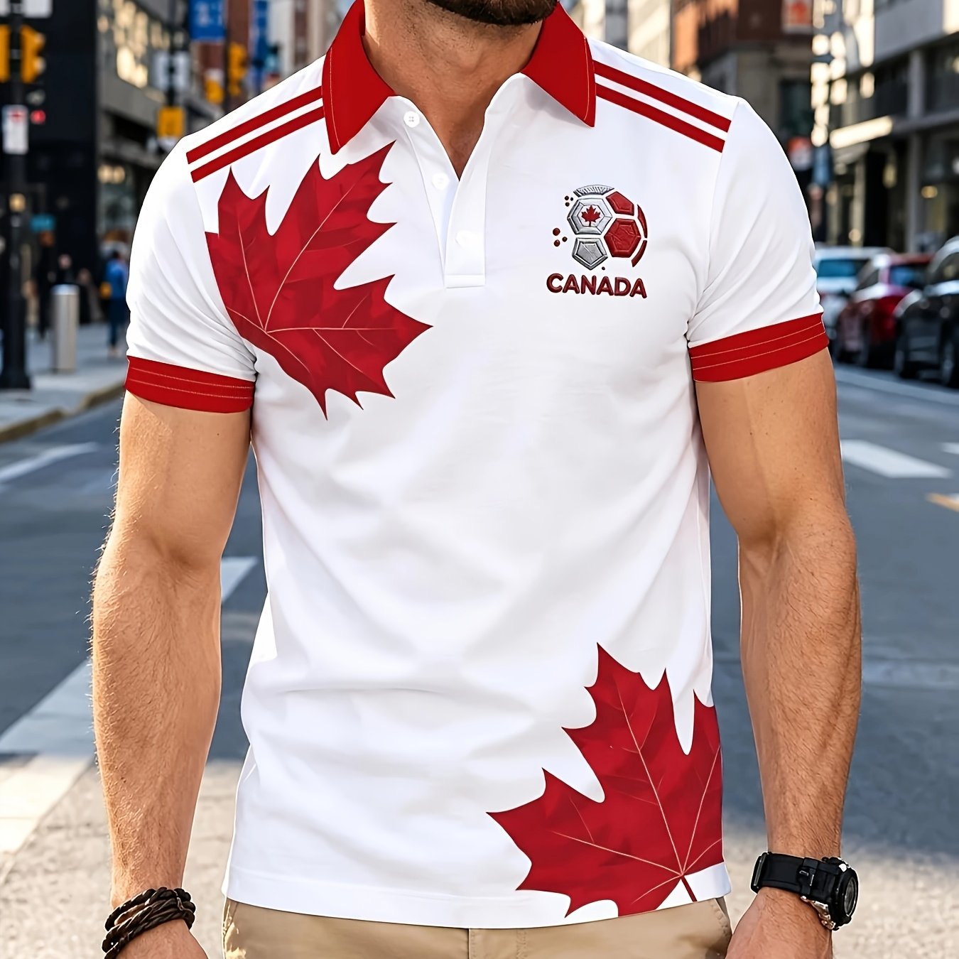 TEMU [Design Imprimé - Non Texturé] Polo Homme Manches Courtes Style Éventail Motif Créatif Revers Boutonné Décontracté Extérieur Lavable en Machine