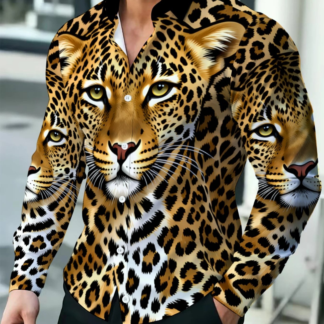 TEMU Printed Design – Not Textured Leopard Print Men's Long Sleeve Shirt, Fashionable Casual Trendy Shirt