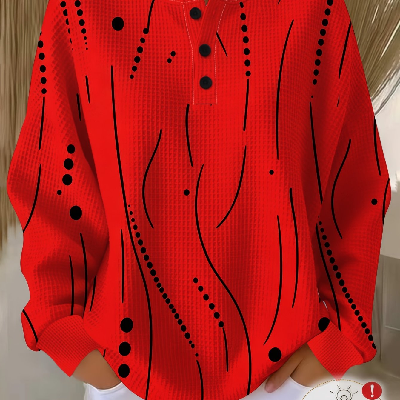 TEMU Plus Size, Women'-button Henley Long-sleeve Top In Waffle, Featuring A Simple, Curved Polka Dot Print Design. The Fabric Is Soft, Skin-friendly,