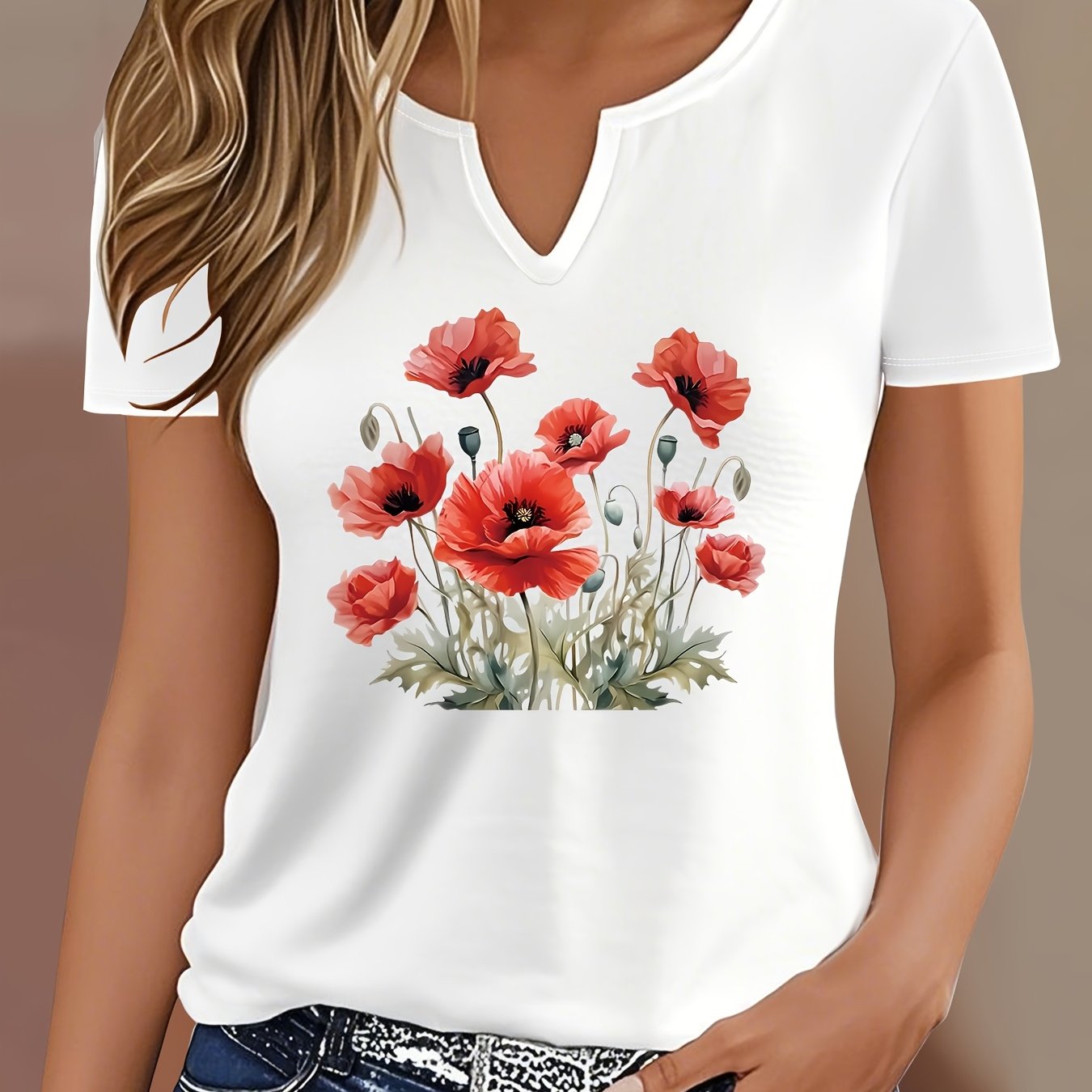 E-shop Damens Casual Kurzarm V-Ausschnitt T-Shirt - Letter Print Top mit mittlerer Dehnbarkeit, maschinenwaschbare & atmungsaktive Stoff für