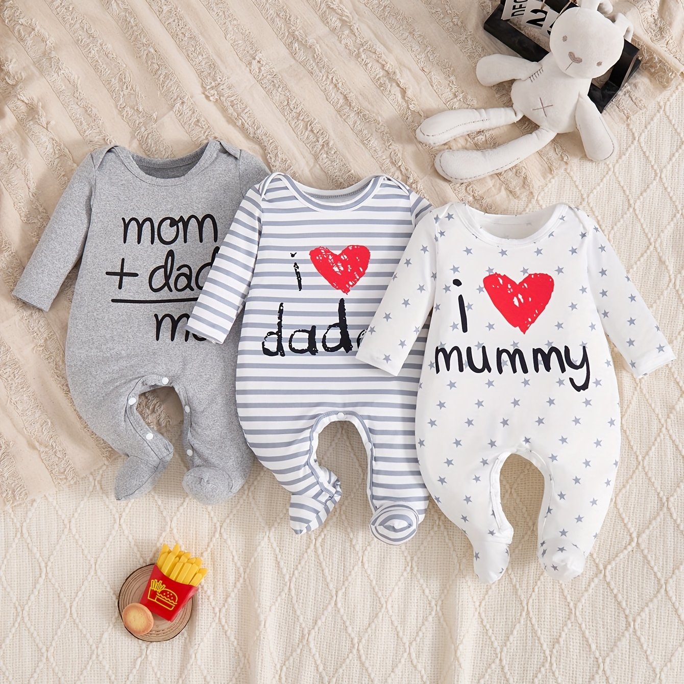 Image of 3pcs Set Baby 's Long-sleeve Bodysuit With Foot Boots - " Mom & " Letter Print Christening Outfit, Soft For Wear, Button Closure For (machine Washable), Perfect For Outdoor