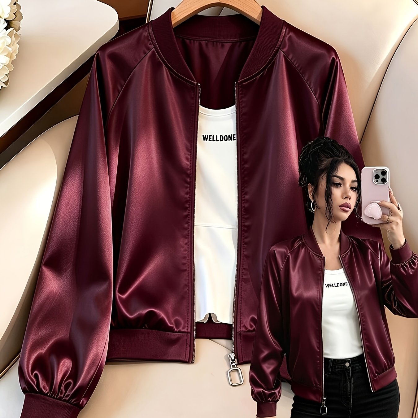 TEMU Women's Jacket, Solid Color Baseball Coat, Ribbed Baseball Collar, Long Sleeve With Ribbed Cuffs, Minimalist Commuter Style, Suitable For Daily