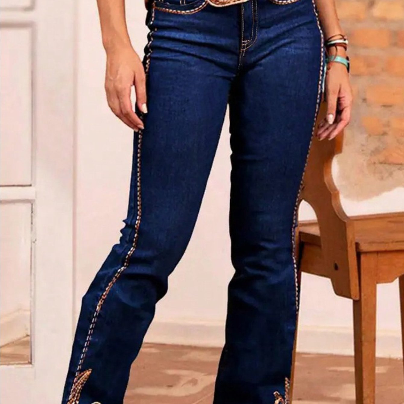 Image of [hme]jeans | High-waisted Western Embroidered Flared Denim Pants - Slim Fit. Cowboy Vibe, Perfect For Festivals With Boots & Tees.