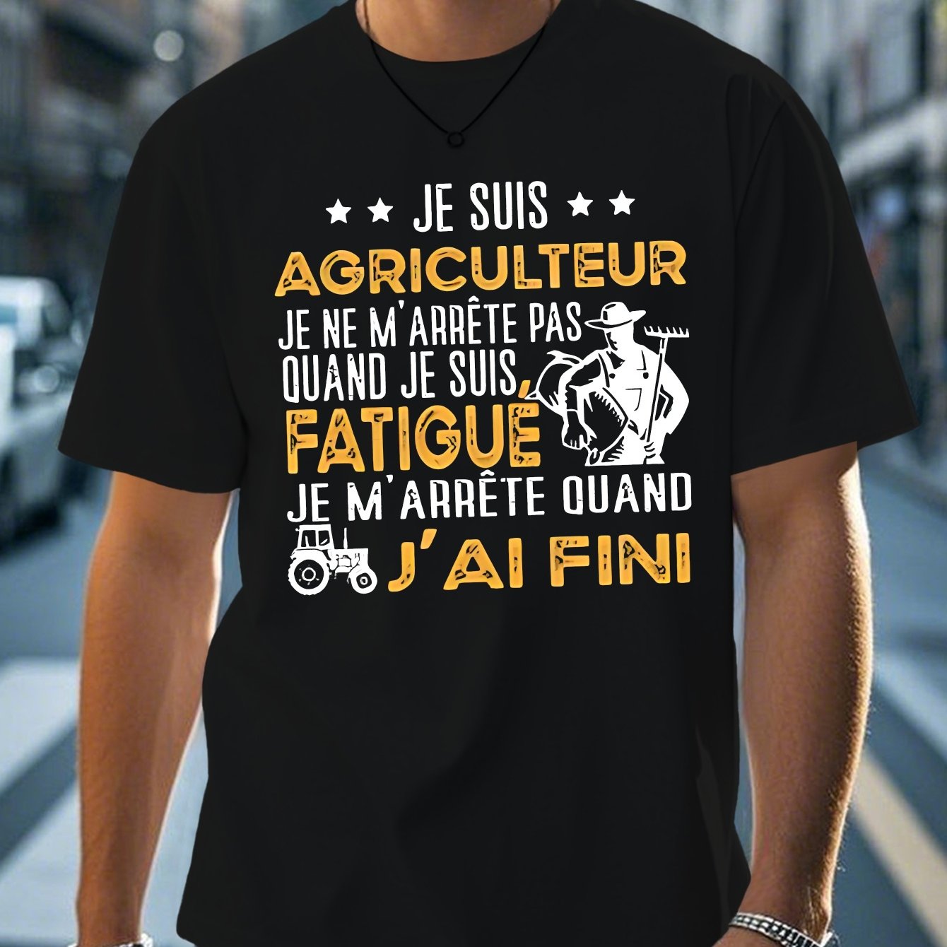 TEMU T-shirt humoristique pour hommes en français " agriculteur" - T-shirt décontracté d'été avec tracteur et étoiles, design beige , tenue