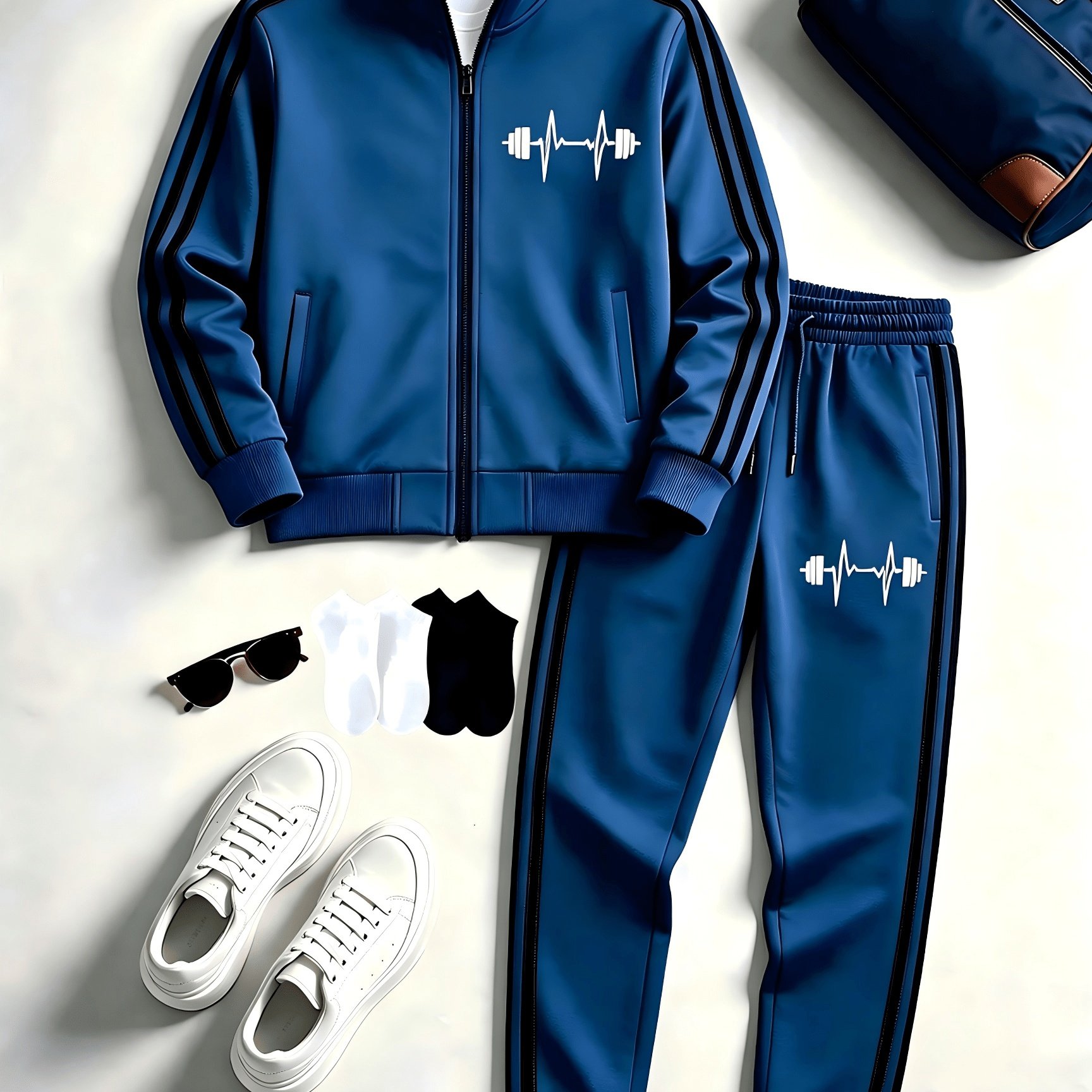 Image of Men's 4pcs Sporty Tracksuit Set: Blue Zip-up Jacket, Matching Pants Of Ankle Socks Lightweight, Comfortable For Home, Gym, Or Casual , Ideal Gift, Excludes Shoes, Glasses And Bags