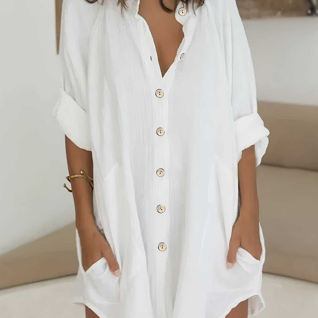 Plus Size - Plus Size - Women's Plus-size Loose-fitting Solid Color Shirt With A Small Stand Collar And Rolled Sleeves, Featuring Pockets