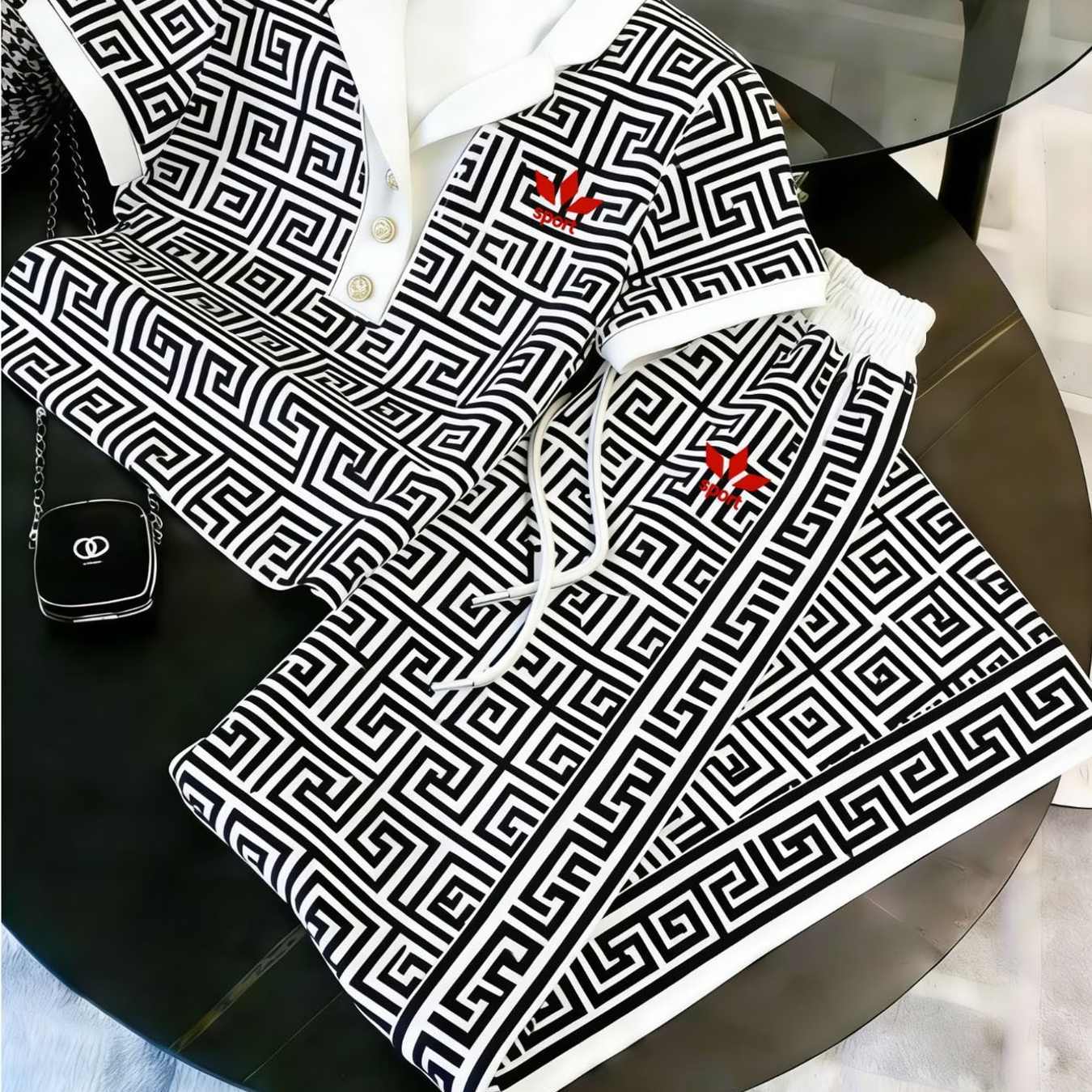 Men's Summer Outfit Featuring A Geometric Greek Shirt With Short Sleeves And Drawstring Shorts, Perfect For Casual And Trendy Sportswear