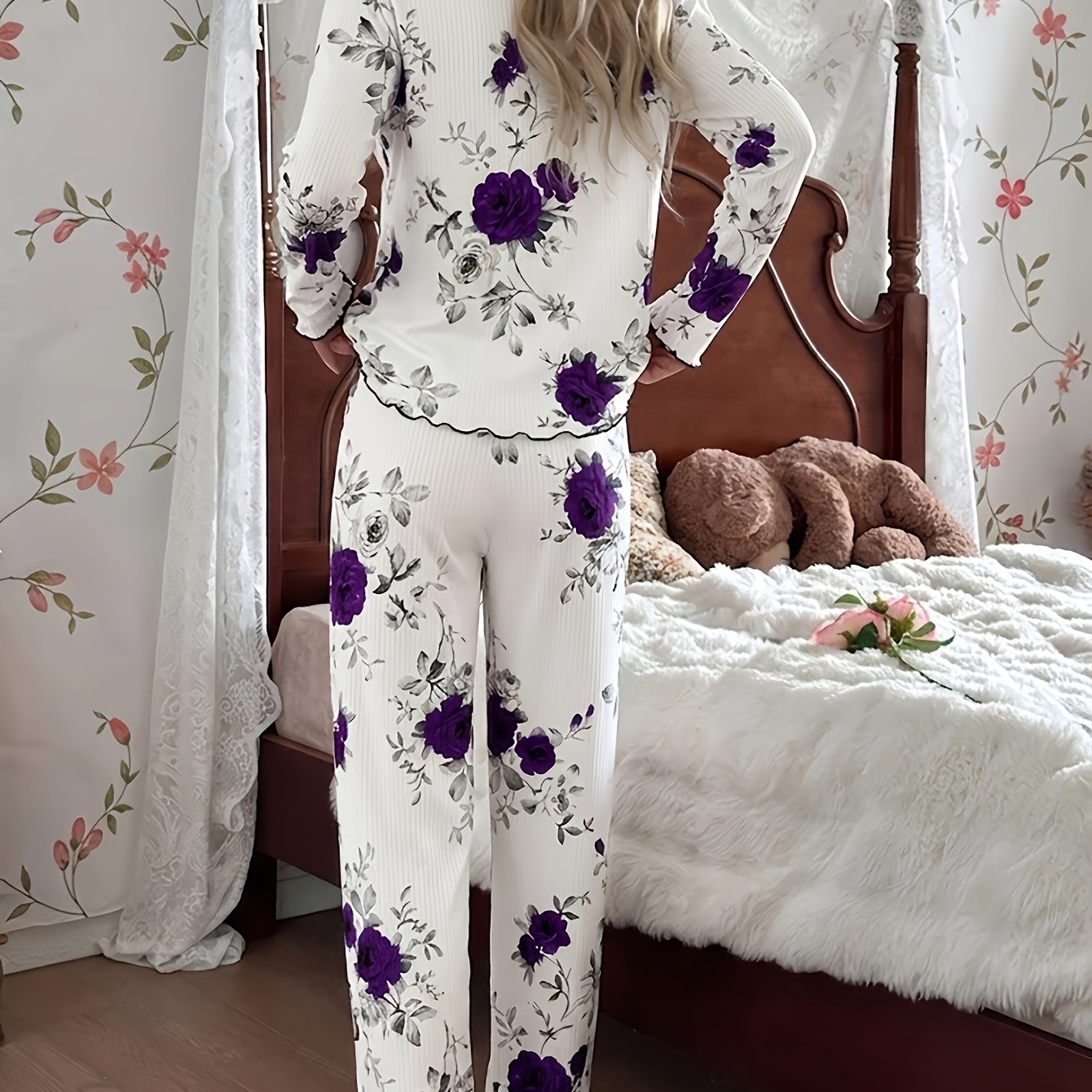 TEMU Fall Winter Warm Women' 2pcs Ribbed Pajama Set, Ins Trendy Crew Neck Long Sleeve Top With Floral Print, Waist Lounge Pants, Valentine' New Year