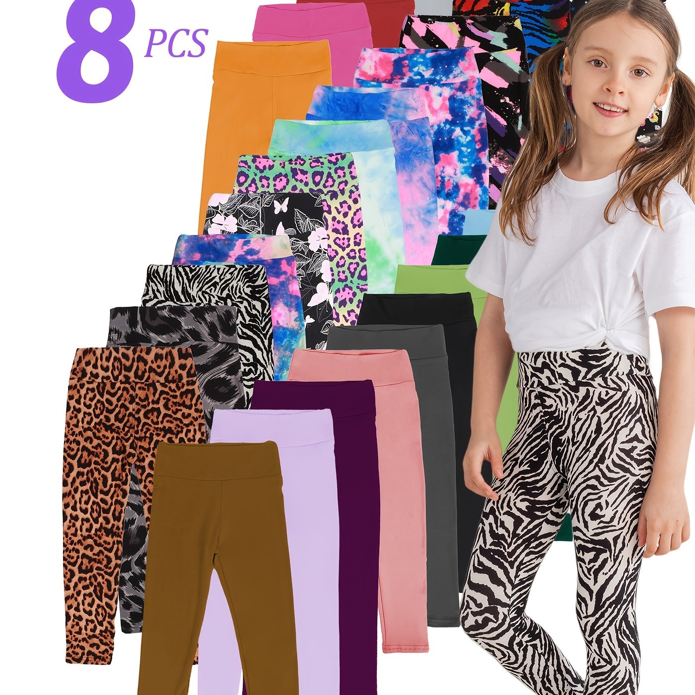 Image of Random 8pcs Set Of High-waist Pants, Girls' Ultra-elastic Spring Autumn Casual High-waist Leggings Ankle Pants Yoga Pants, Print Solid