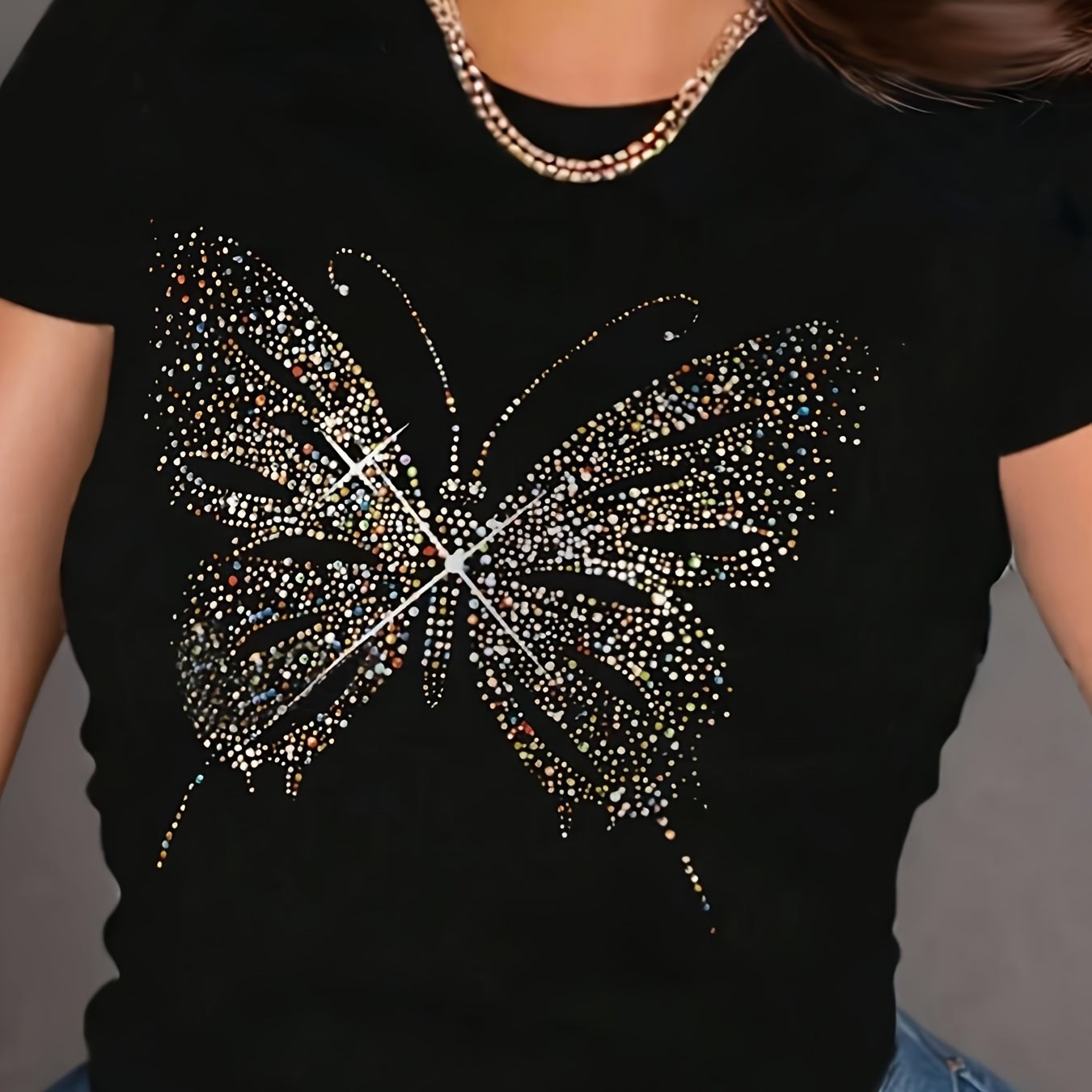 TEMU Butterfly Print Crew Neck T-shirt, Short Sleeve Casual Top For Spring & Summer, Women's Clothing