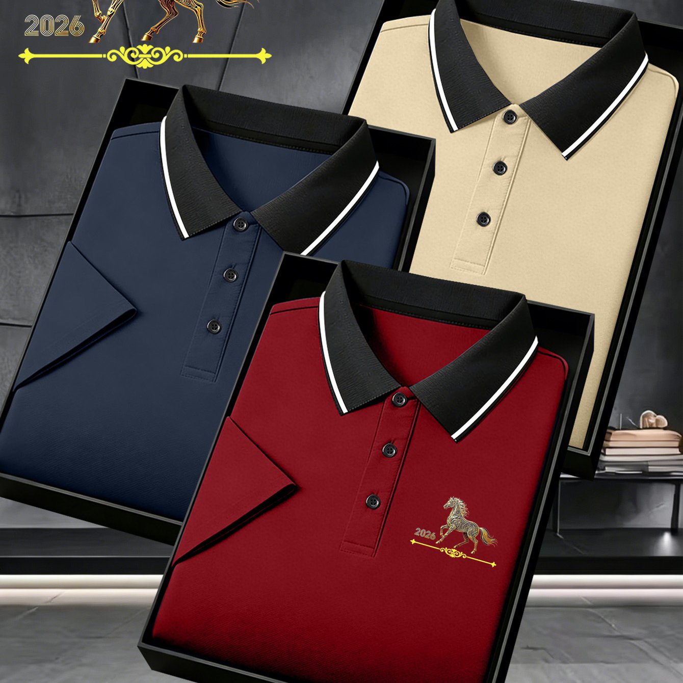 TEMU 2026 Summer 's Lapel Shirt 3pcs Set, 2026 Golden Horse Theme Printing, Breathable Quick-drying Anti-wrinkle Fabric, Business Casual Short