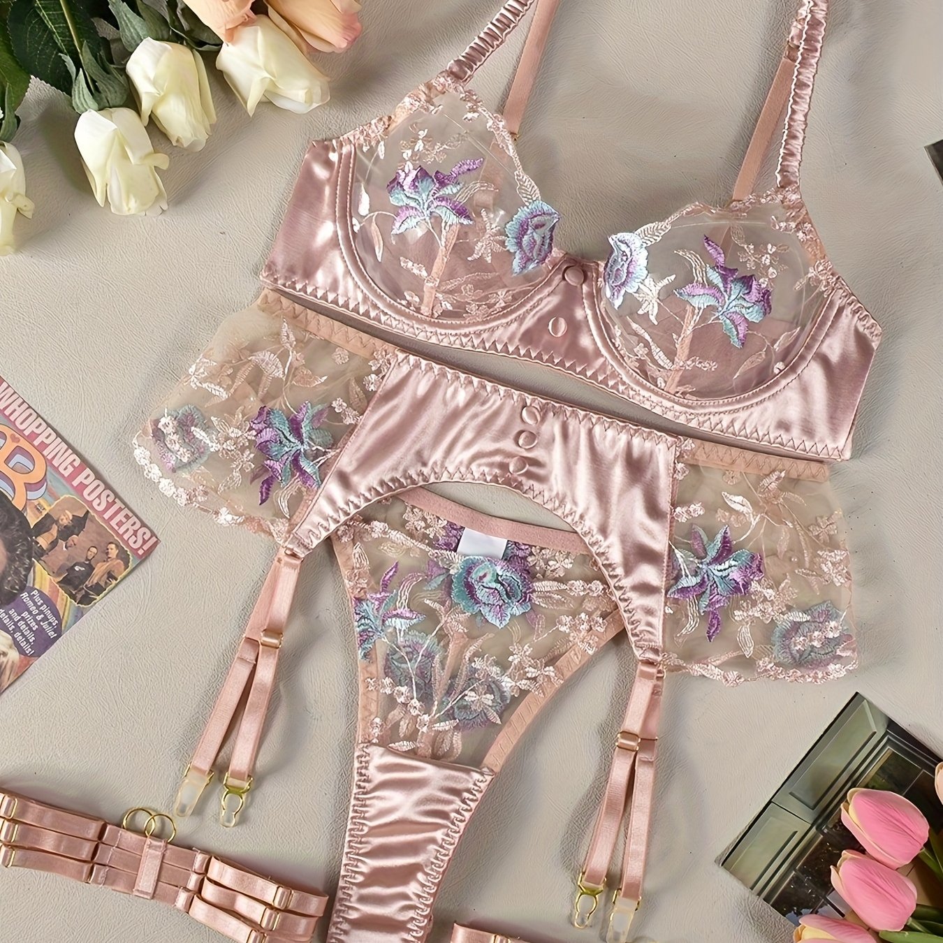 Sexy Lingerie Embroidered Color- High-stretch Comfortable And Seductive 4pcs Set, Teasing Outfit, Versatile Girlfriend