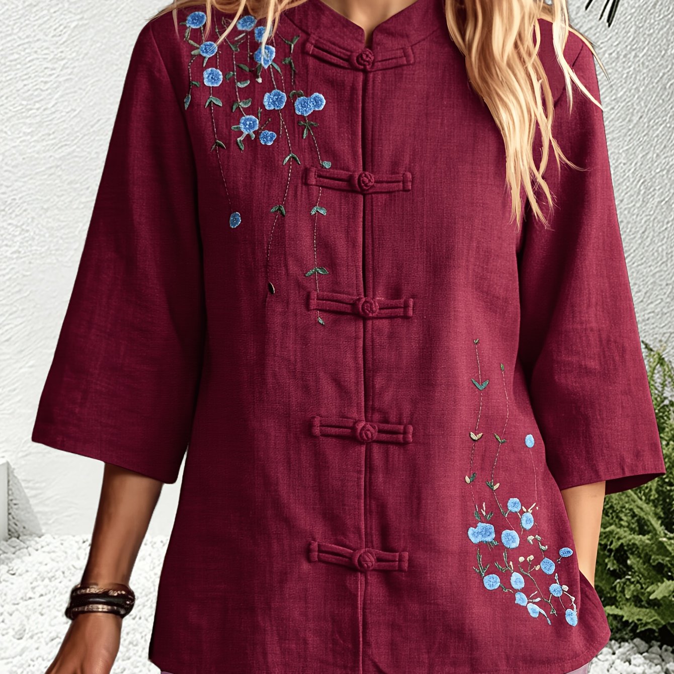 TEMU Women Chinese Style Floral Embroidery Blouse, Stand Collar Frog Buttons 3/4 Sleeve Loose Zen Tea Ceremony Shirt