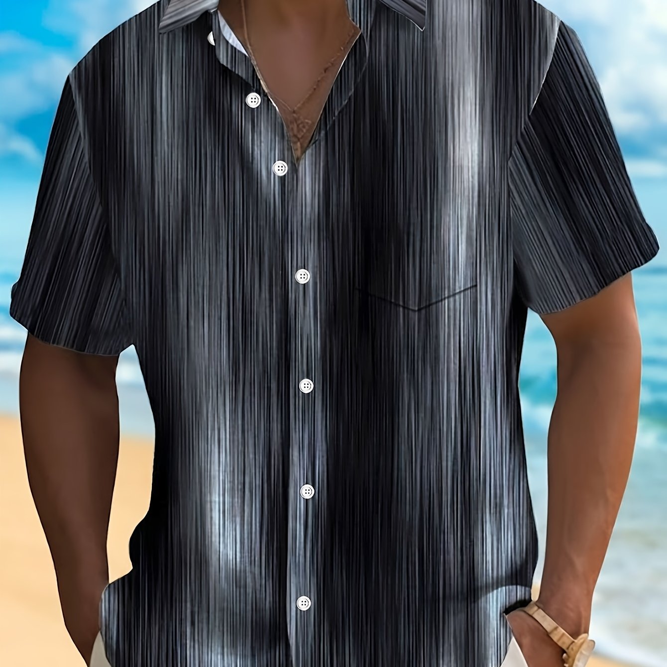 TEMU Vintage Gradient Striped Print Men's Button Pocket Short Sleeve Shirt