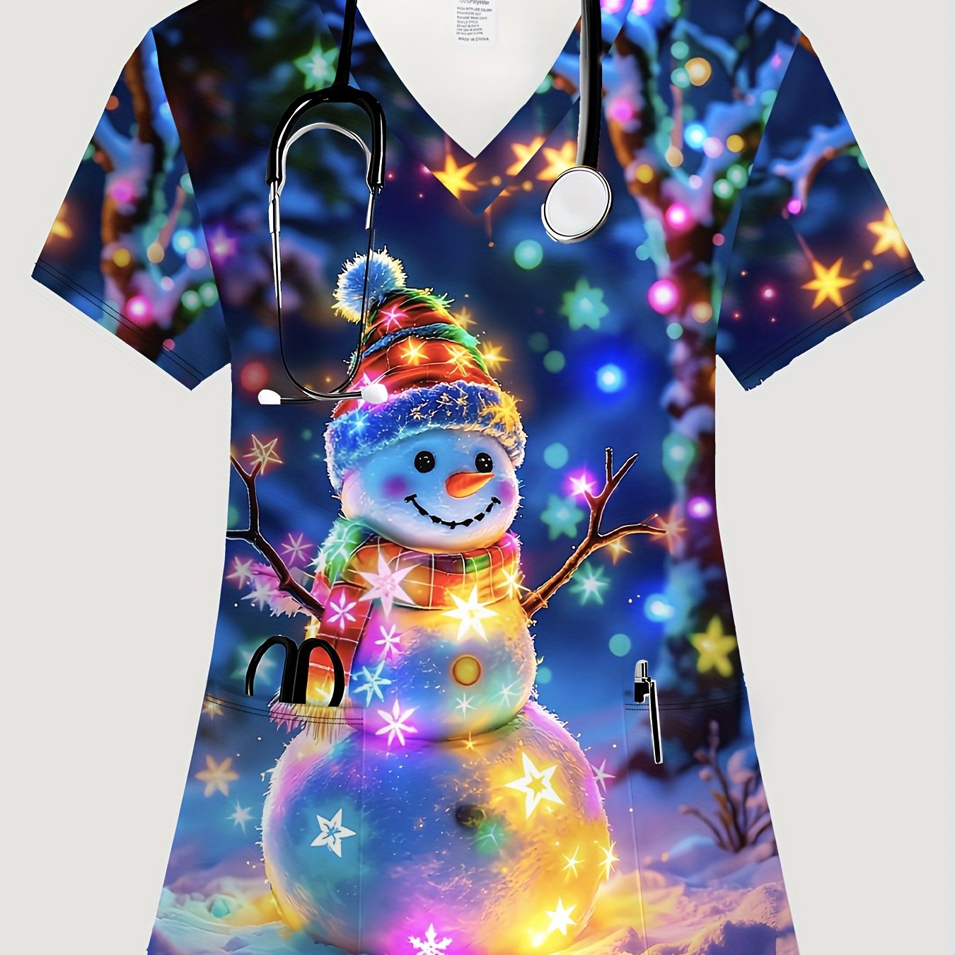 TEMU Plus Size - Plus Size - Christmas Plus Size Women's Nurse Uniform Glowing Snowman Christmas Decoration Printed T-shirt, Soft And Elastic, V-neck