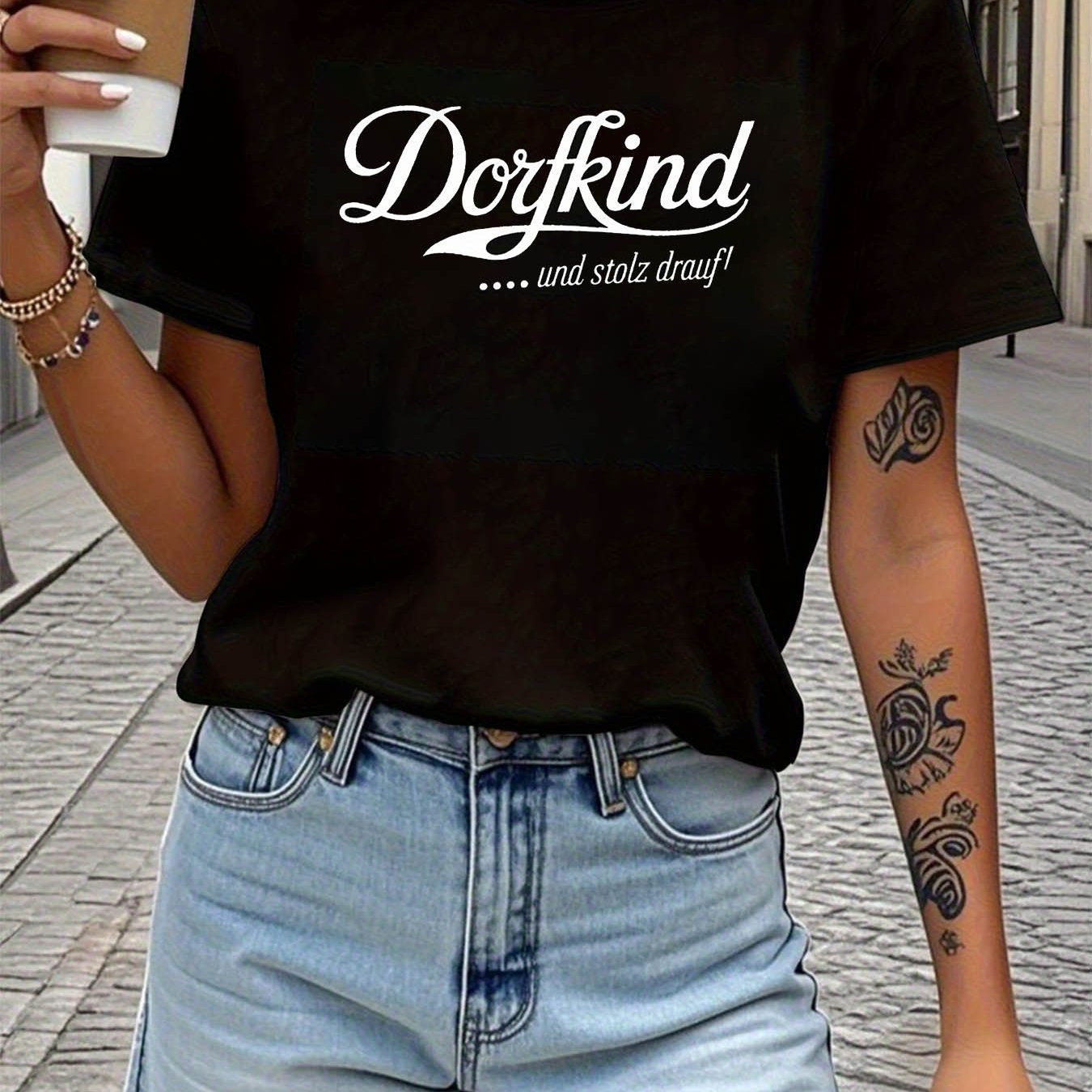 Image of Und Stolz Drauf Letter Print T-shirt, Short Sleeve Crew Neck Casual Top For Summer & Spring, Women's Clothing