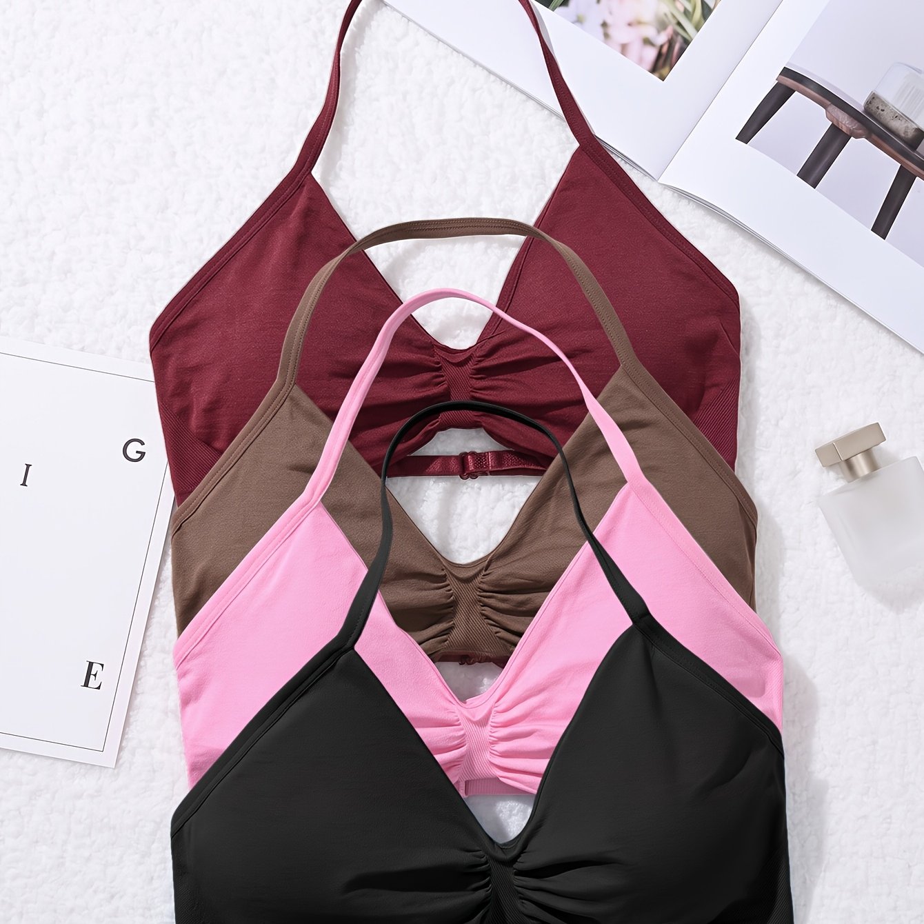 TEMU Juego de 4 piezas, ( estrella: deportivo de mujer con cuello de tirante halter, sin aros, color liso con pliegues frontales, relleno extraíble,