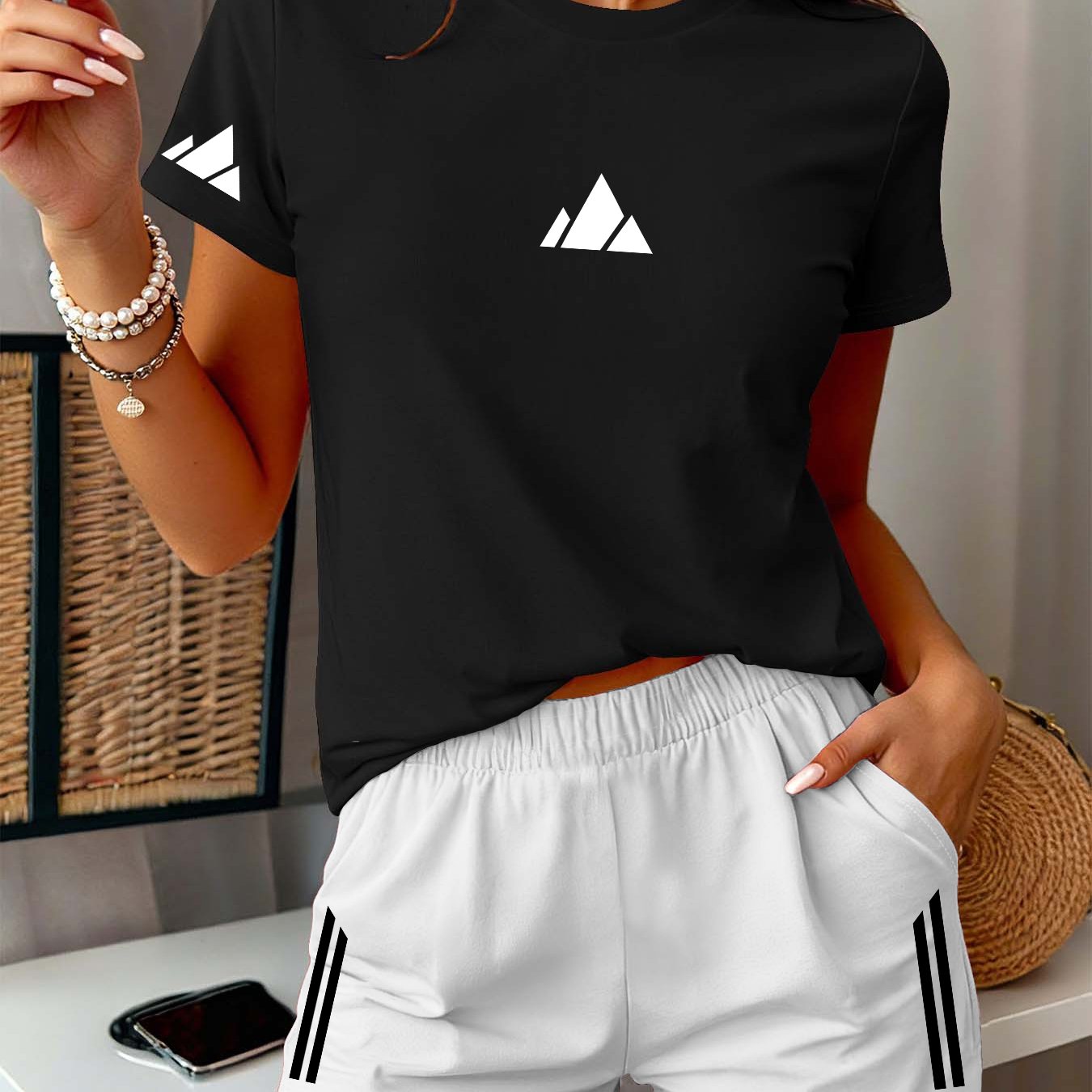 TEMU Spring Summer Women's Short Sleeve Set, Easy Long Strip Geometric Mountain Print, , Casual Wear, Leisure, Trendy Versatile Women's Round Neck