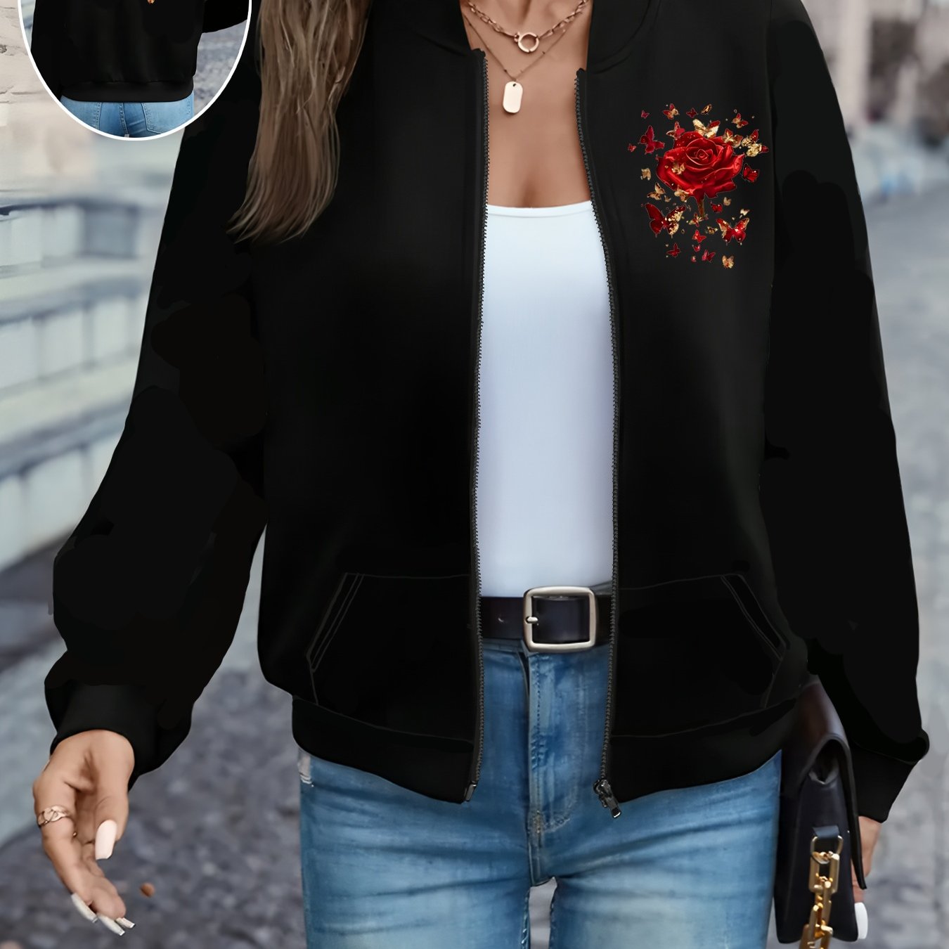 TEMU Plus Size, New Fashionable Plus-size Women's Jacket, Stylish And Comfortable Women's Outerwear. Fashionable Baseball Collar Printed Zipper