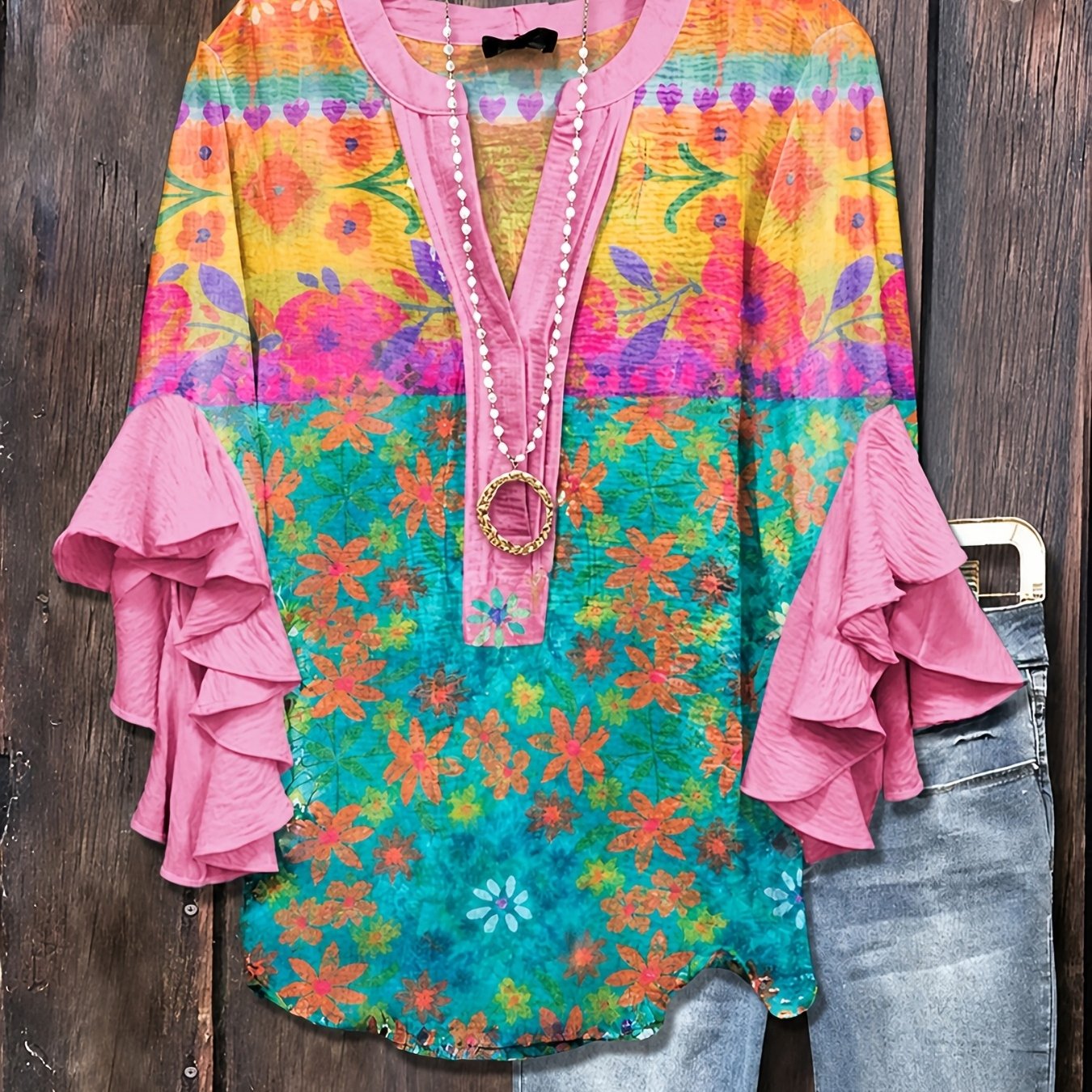 Image of Summer New Arrival Red Yellow Gradient Color Block Floral Allover Print Ruffle Sleeve Top Outdoor Streetwear Comfortable Versatile Design Women Blouse