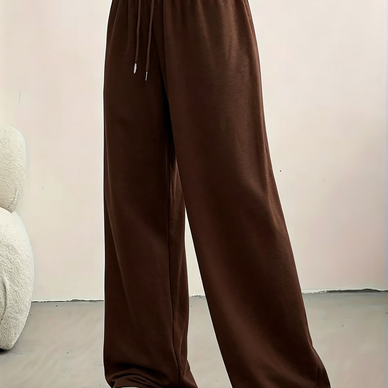 TEMU Lazy Style Solid Wide-leg Pants Women's High-waist Drapey Floor-length Trousers Versatile Casual Sweatpants