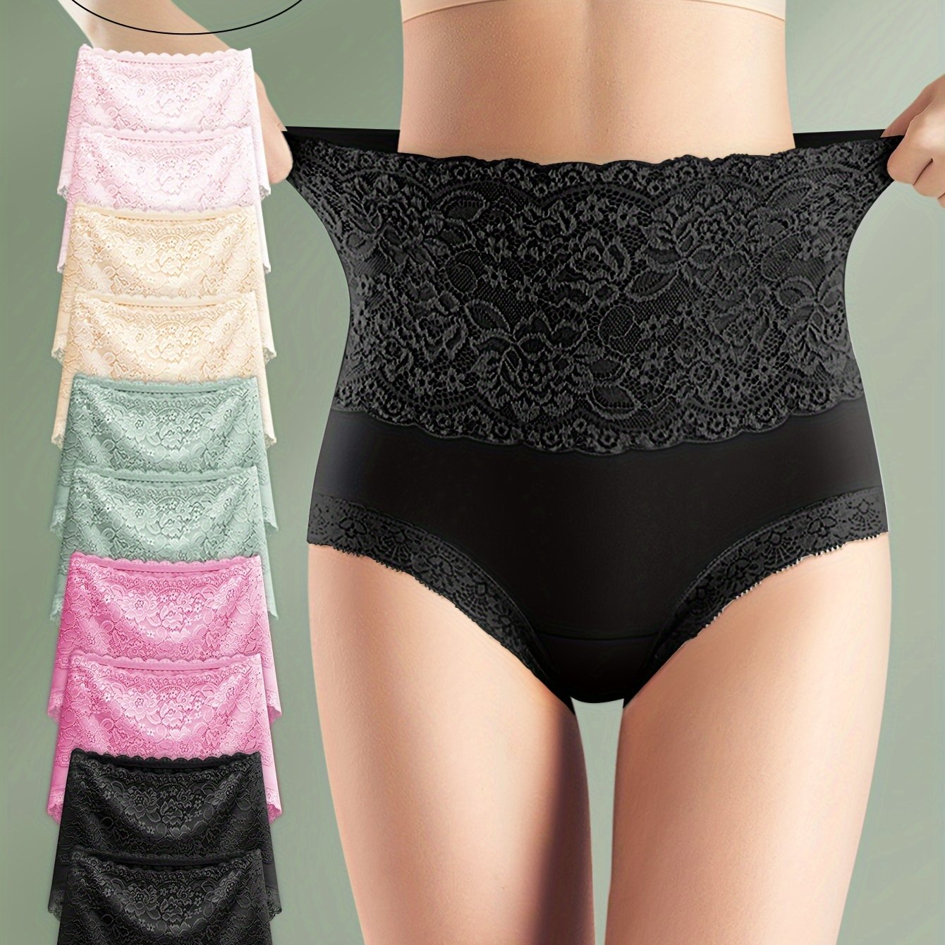 Image of 10pcs ' High Waisted Lace Underwear - Full Coverage Briefs With Non-pinch Hipster, Soft Breathable Panties Suitable For Casual Attire, 10pcs Pack (gift For Ladies)
