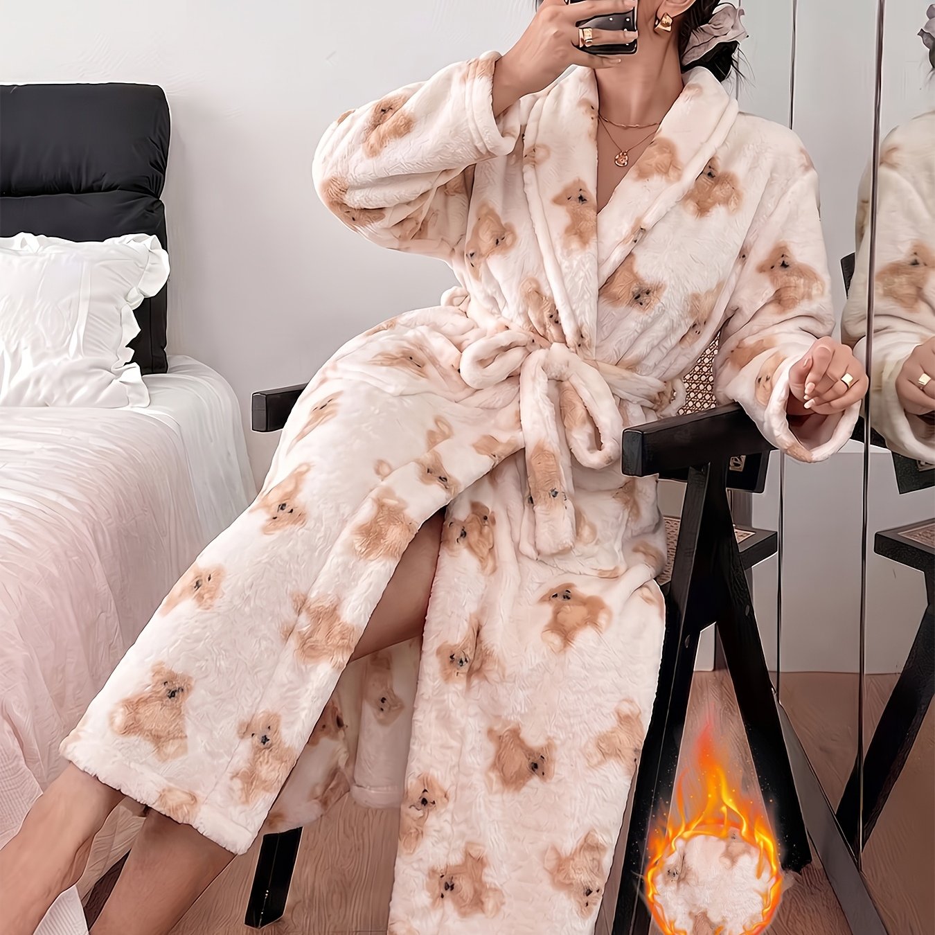 TEMU Autumn Winter Teen ' Robe Teenager's Bathrobe Long Plush Teddy Bear Print Warm Fleece Thickened , For Teenager, For Teenager
