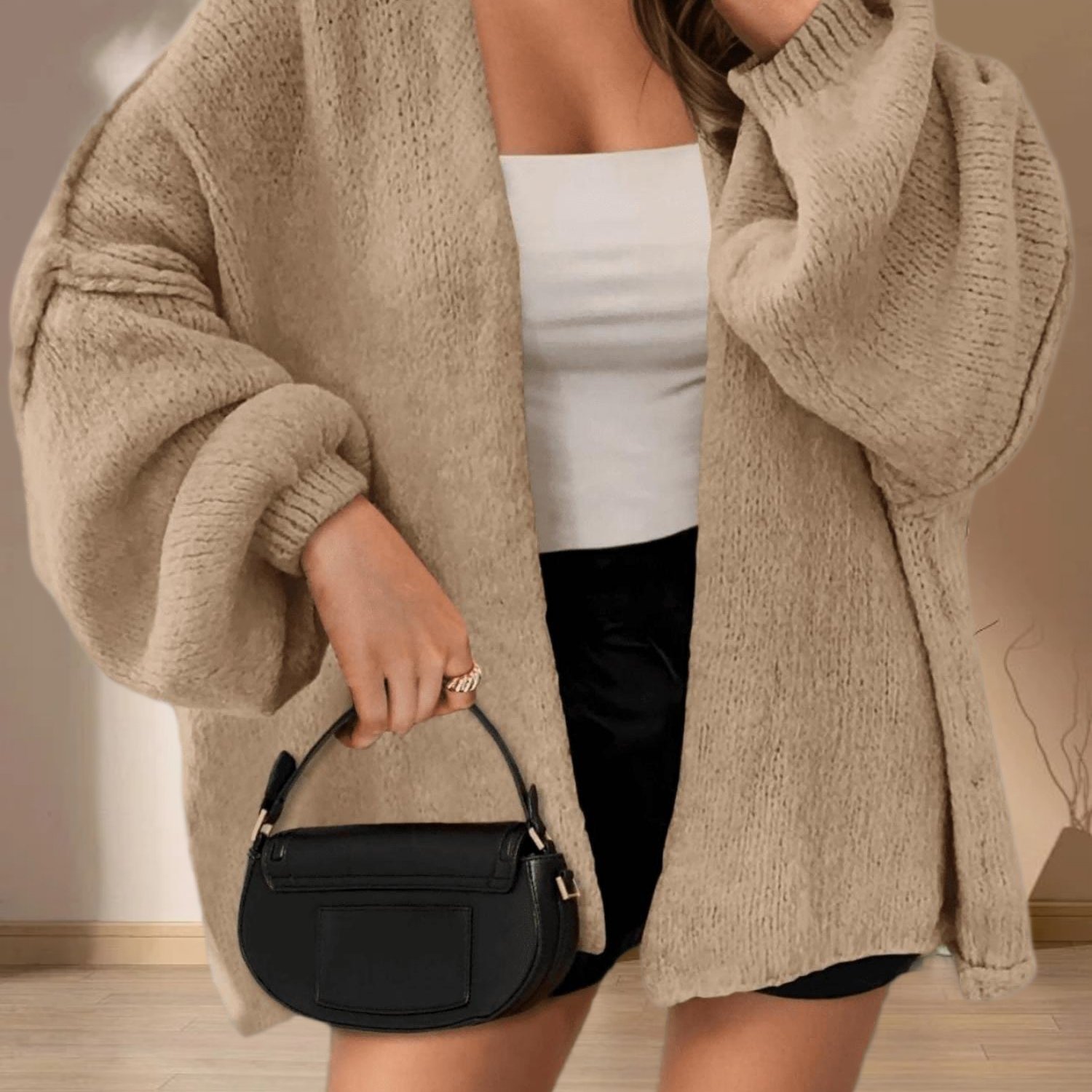 Women's Autumn Winter Oversized Chunky Open Front Lantern Sleeve Cardigan