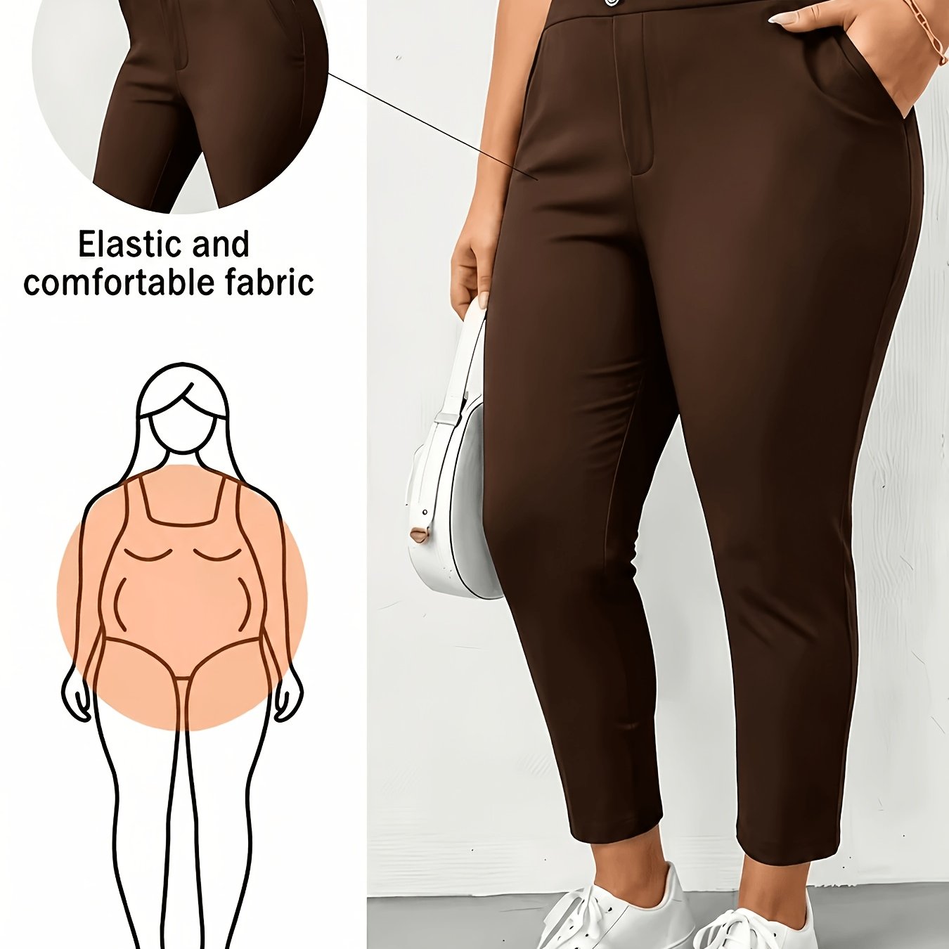 TEMU Plus Size, Plus Size Stretchy Slim-fit Ankle Pants, High-waist Flattering Business Casual Women's Trousers, Commuter Casual Flared Pants With