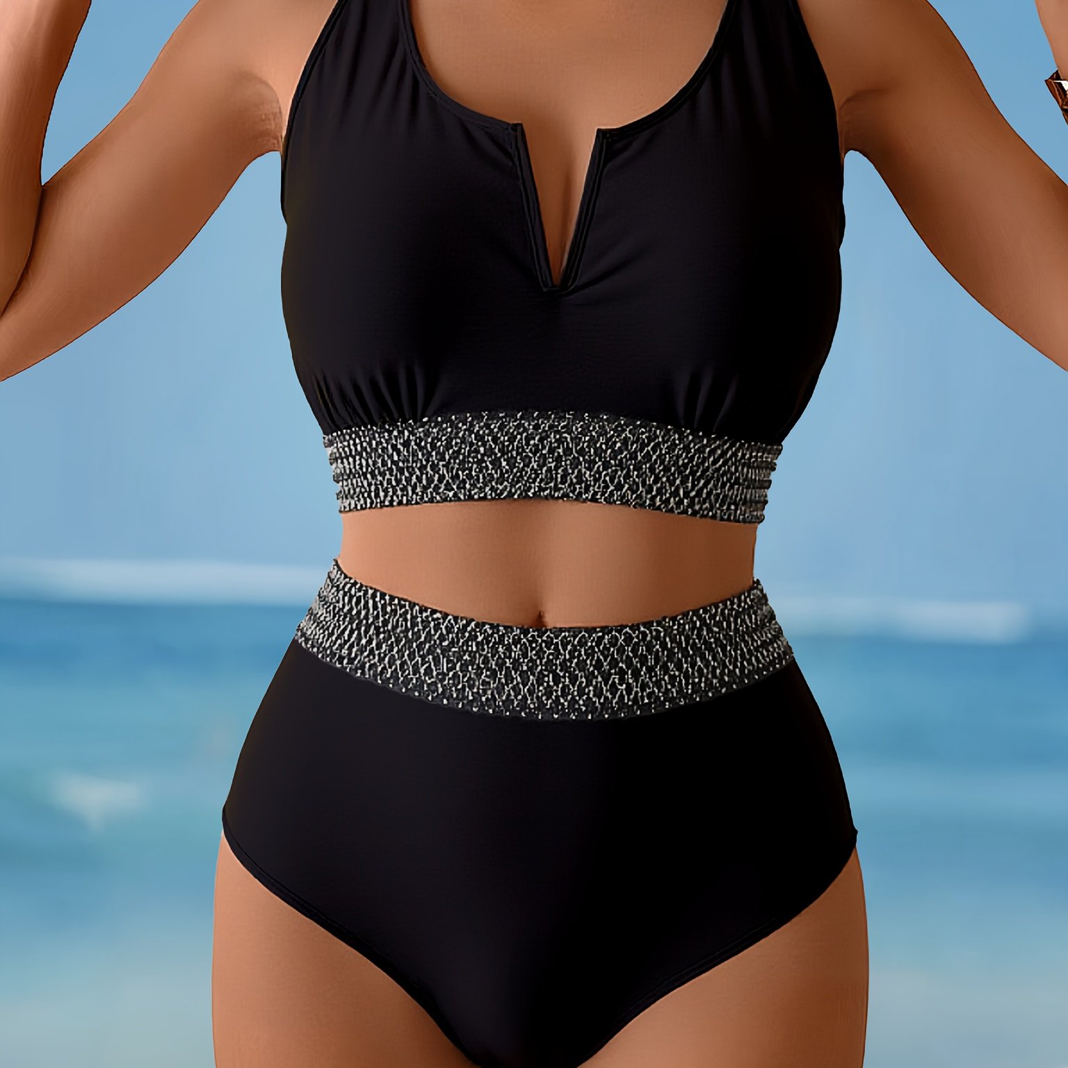 Plus Size Solid Color V-neck Bikini Separates Swimsuit | High Stretch Fabric, By Apedtus