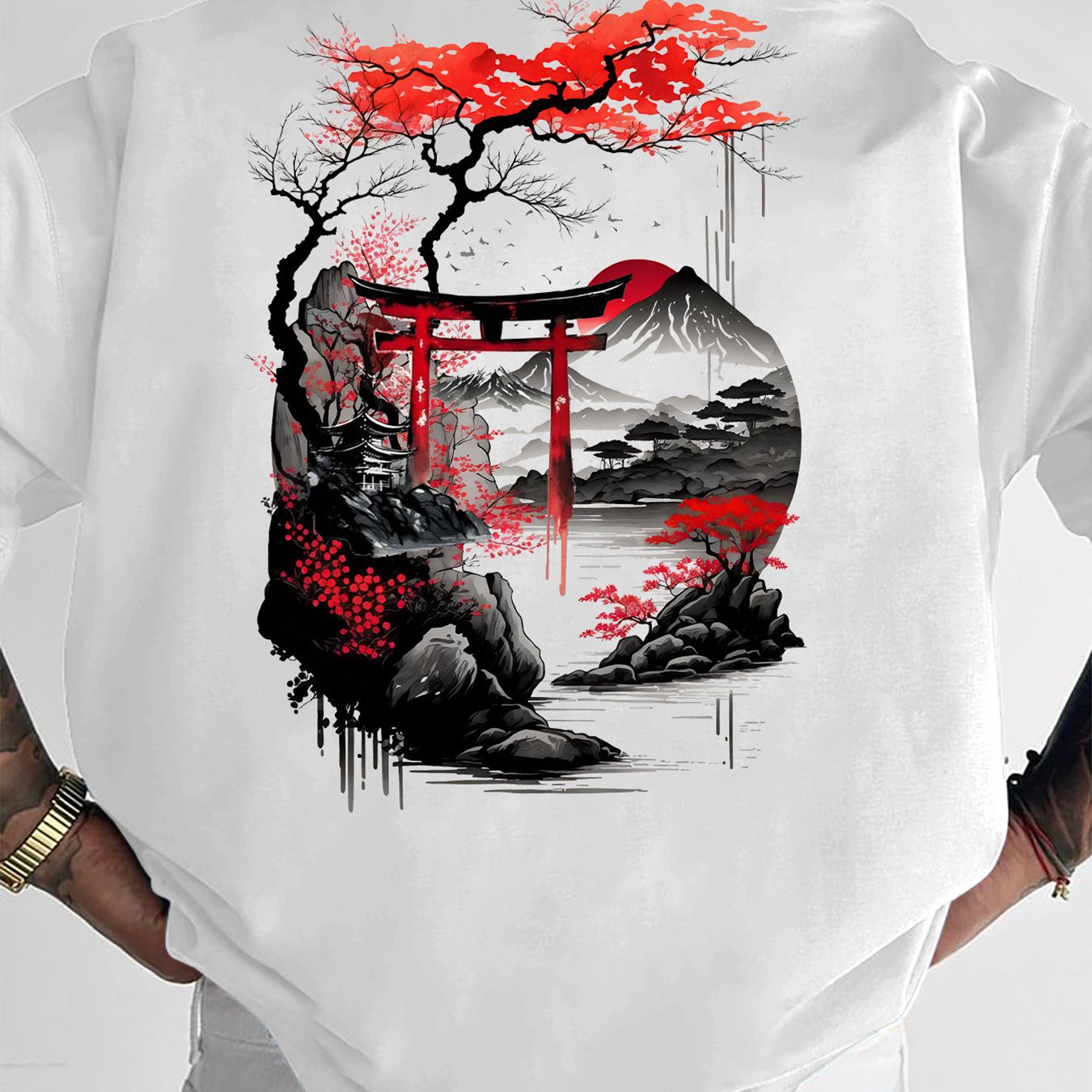 TEMU Torii Gate, , Cherry Elements, Suitable For Daily , , Everyday Wear, , Men's -e Style T-shirt!