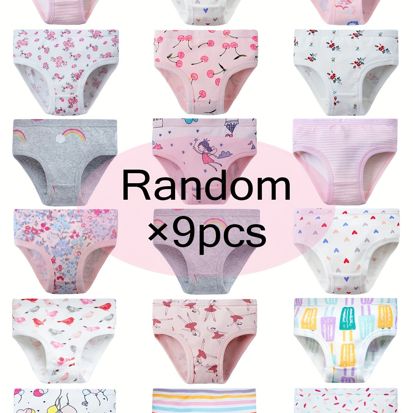 9pcs Girls Underwear Random Cartoon Print Pattern Comfy Briefs Soft Breathable 100%