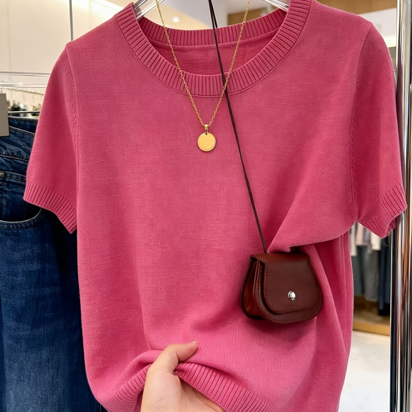 TEMU Women's Short Sweater, Korean Gentle Style Easy Temperament Fabric Classic Round Neck Design Suitable For Spring Summer Festival All-match Loose