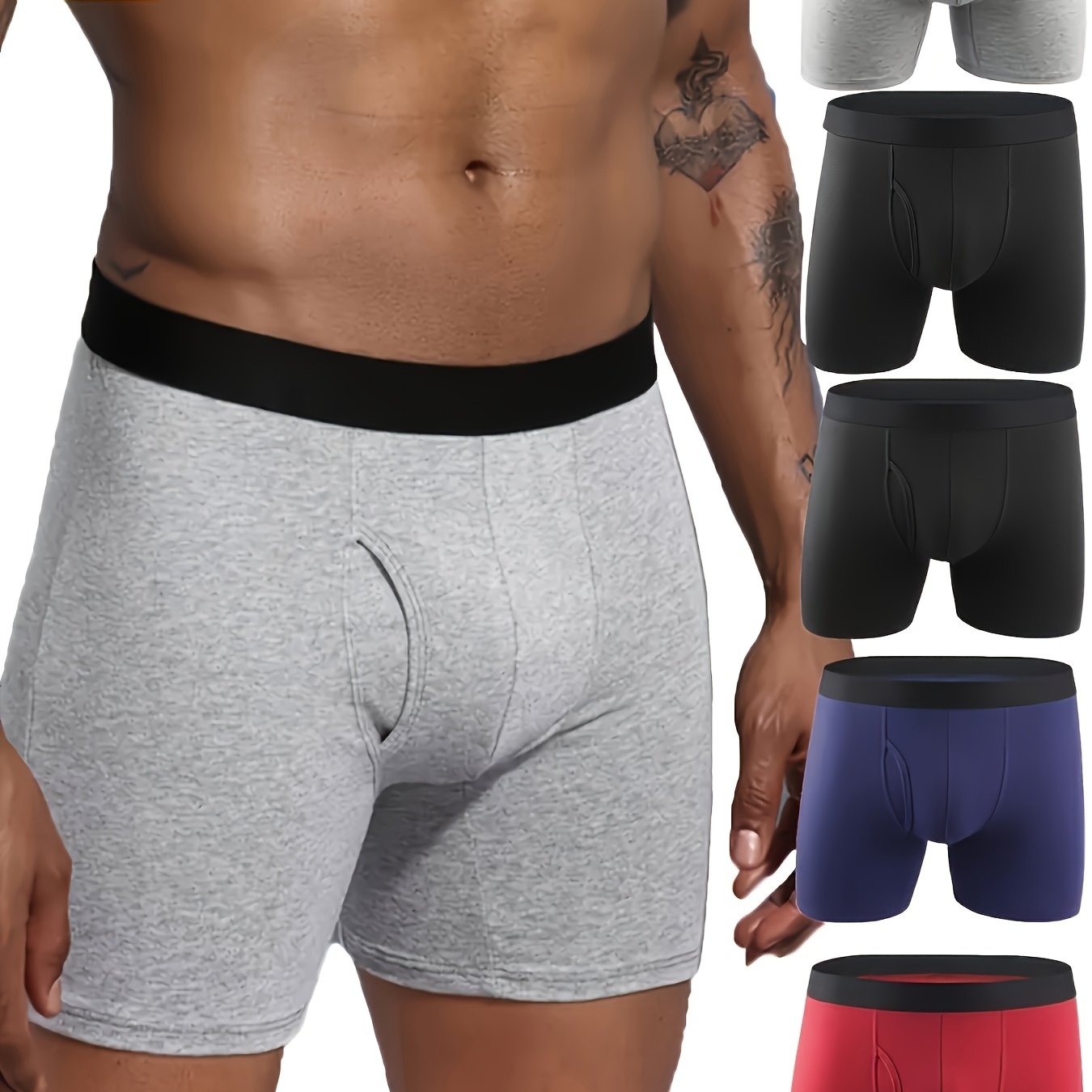 TEMU Set Of 's Athletic Boxer Briefs - Designed For , Quick Drying, Anti-chafing, And A With An Open Fly And Extended Legs, In Black, Blue, Red, And